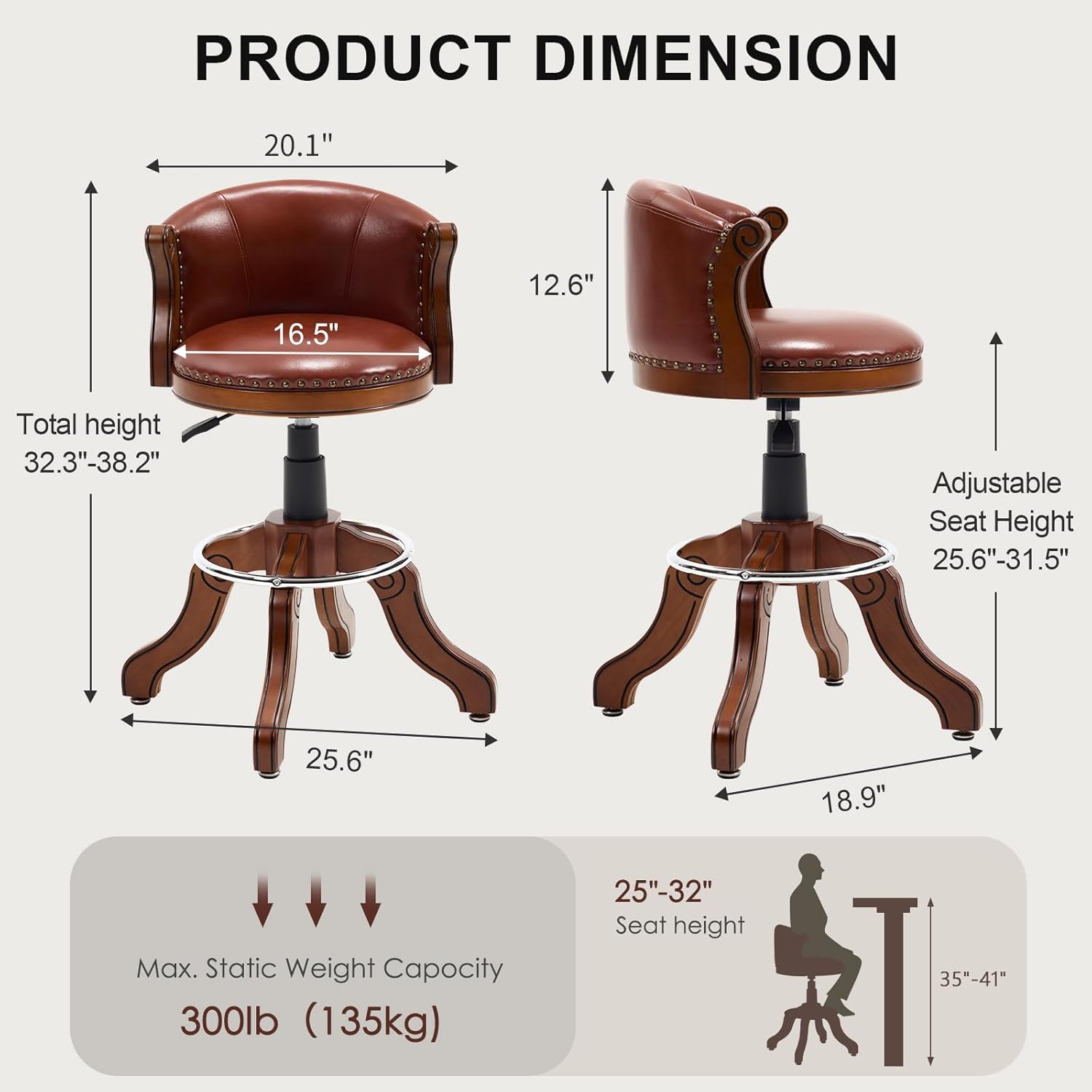 Swivel Adjustable Height Bar Stool - Genuine Top Grain Leather & Solid Wood Frame - Hydraulic Lift, Footrest Mid-Back Stool for Kitchen Island