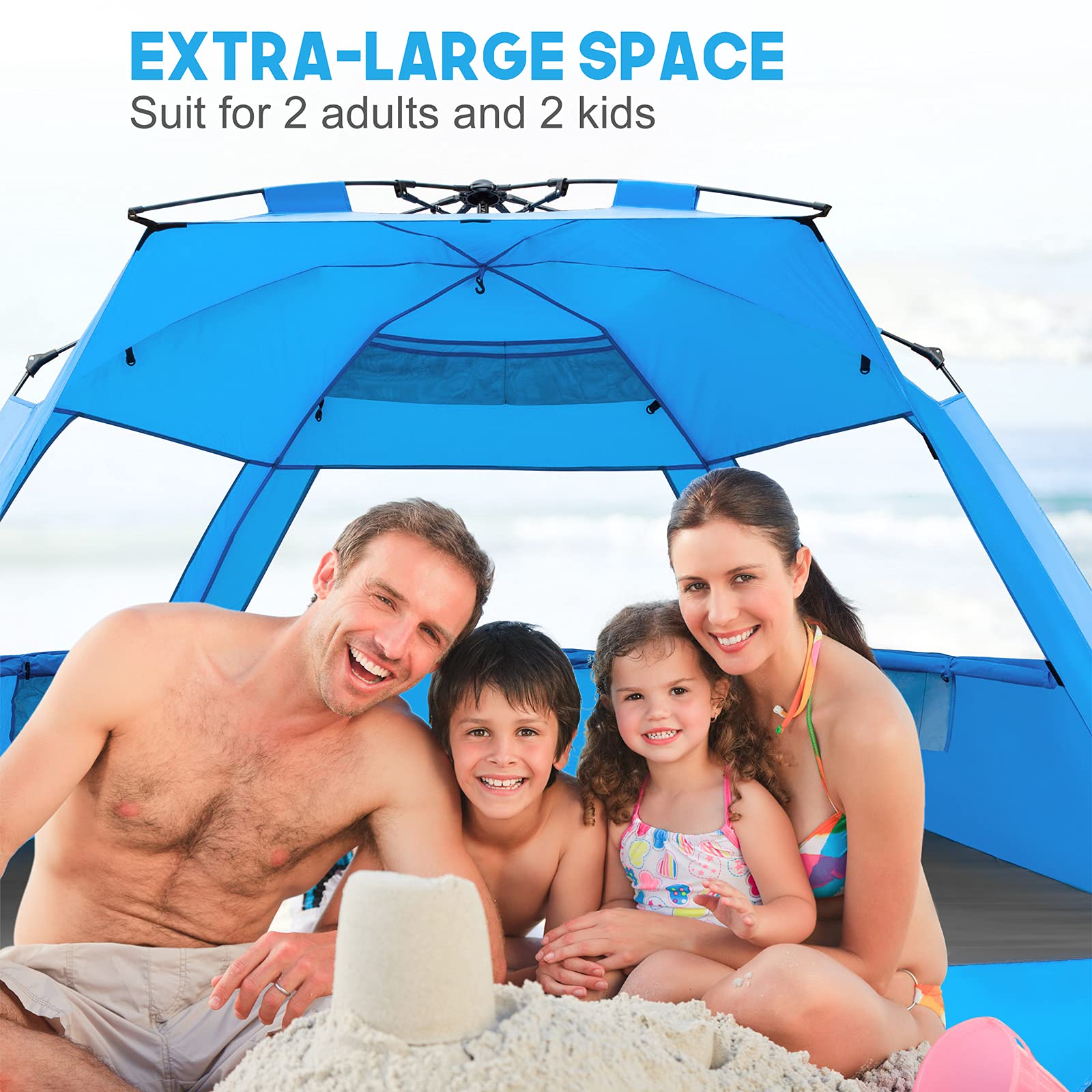 MIRUS Namiot plażowy typu Pop Up, Deluxe XL osłona przeciwsłoneczna dla 3-4 osób z ochroną UPF50+, wysuwana podłoga i 3 wentylowane okna, torba do przenoszenia, słupki i linie odciągowe
