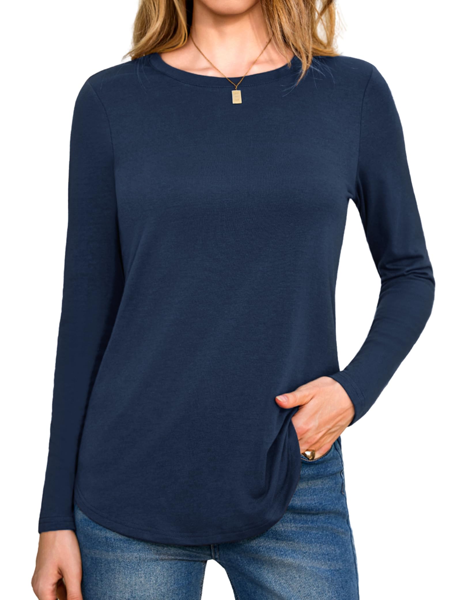 Aottori Langarmshirt Damen Rundhals Oberteile Langarm Shirt Elegant Lose Baumwolle Longshirt T-Shirt Pullover Einfarbig Basic Top Frühling Herbst