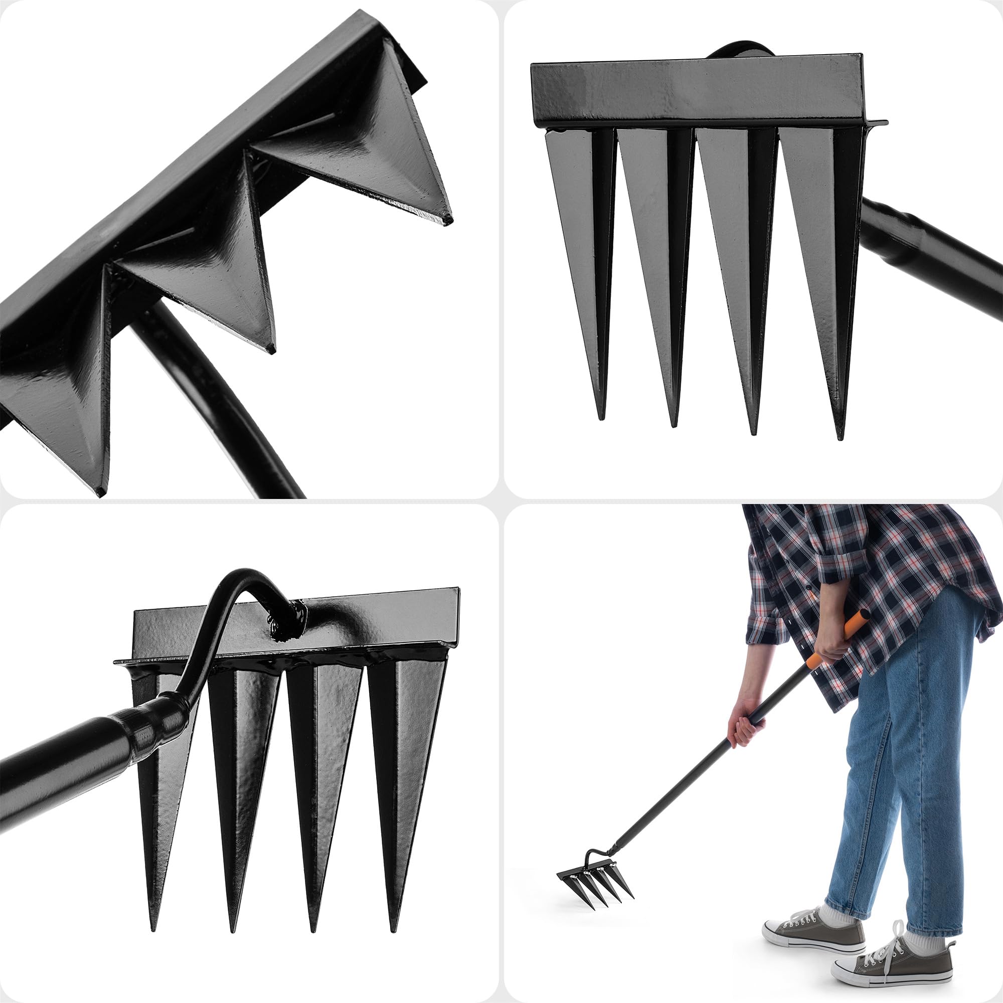 KADAX Azada para malas hierbas con 4 puntas afiladas, azada de jardín de acero altamente carbonizado para jardinería, herramienta de jardín para deshierbar, aflojar y airear el suelo (con mango de