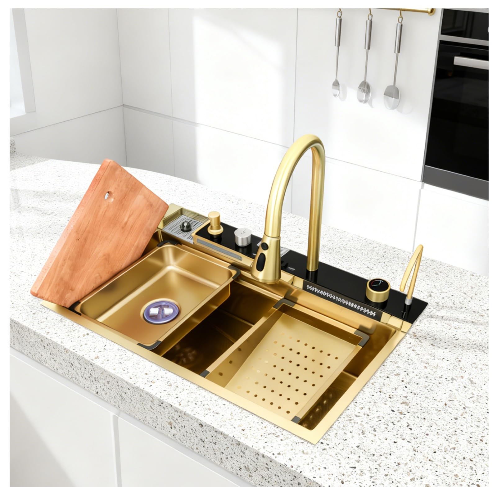 HYSOPSPX Waterfall Kitchen Utility Sink, Modern Multifunctional Workstation Sinks, with Pull-Out Faucet Nano-Coated Topmount Single, for Kitchens, Outdoor Spaces and RV.(Gold-B,80X45X21CM)
