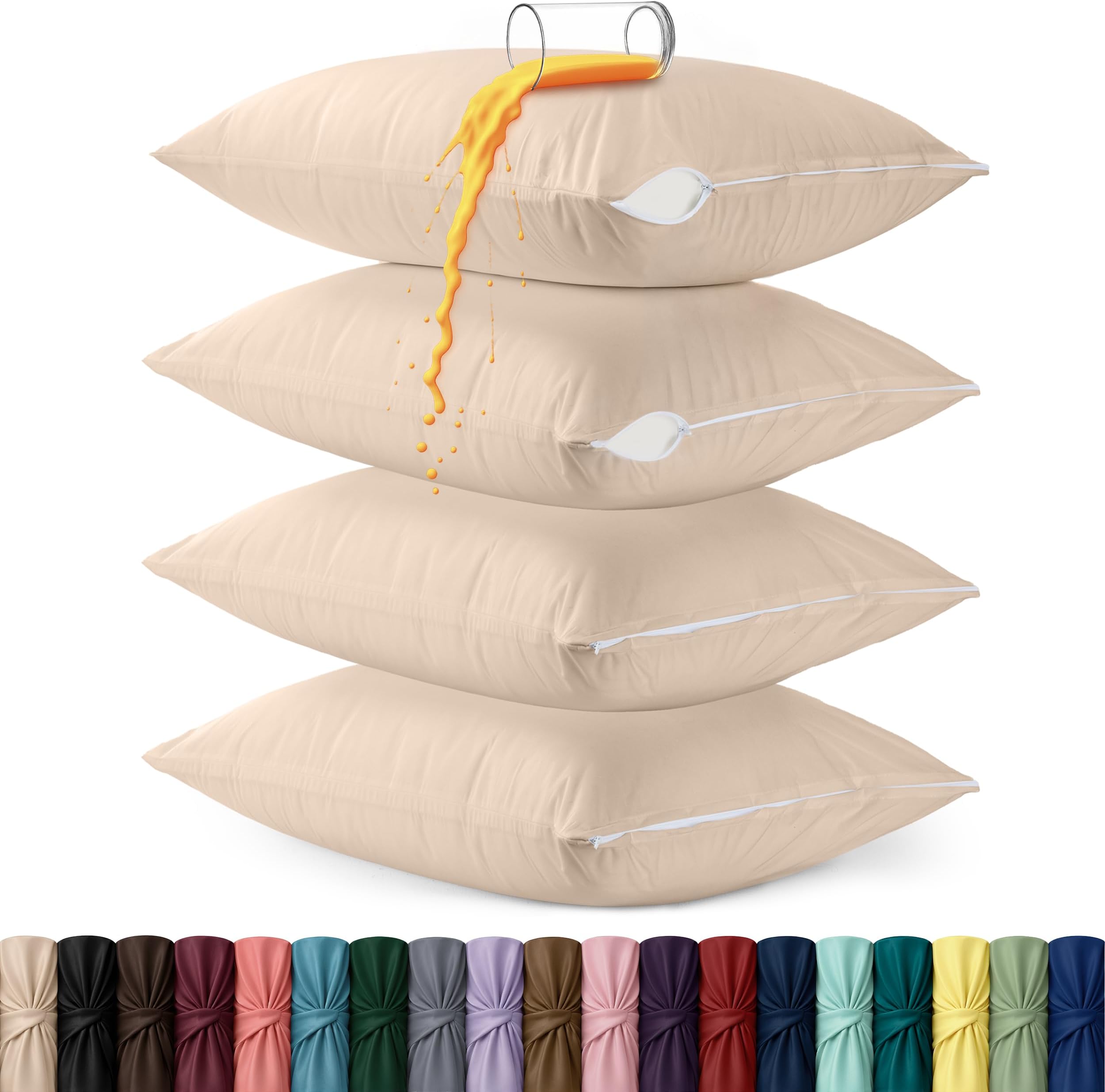 Set of 4 Pillow Protectors with Zipper Standard Size, Pillow Covers
