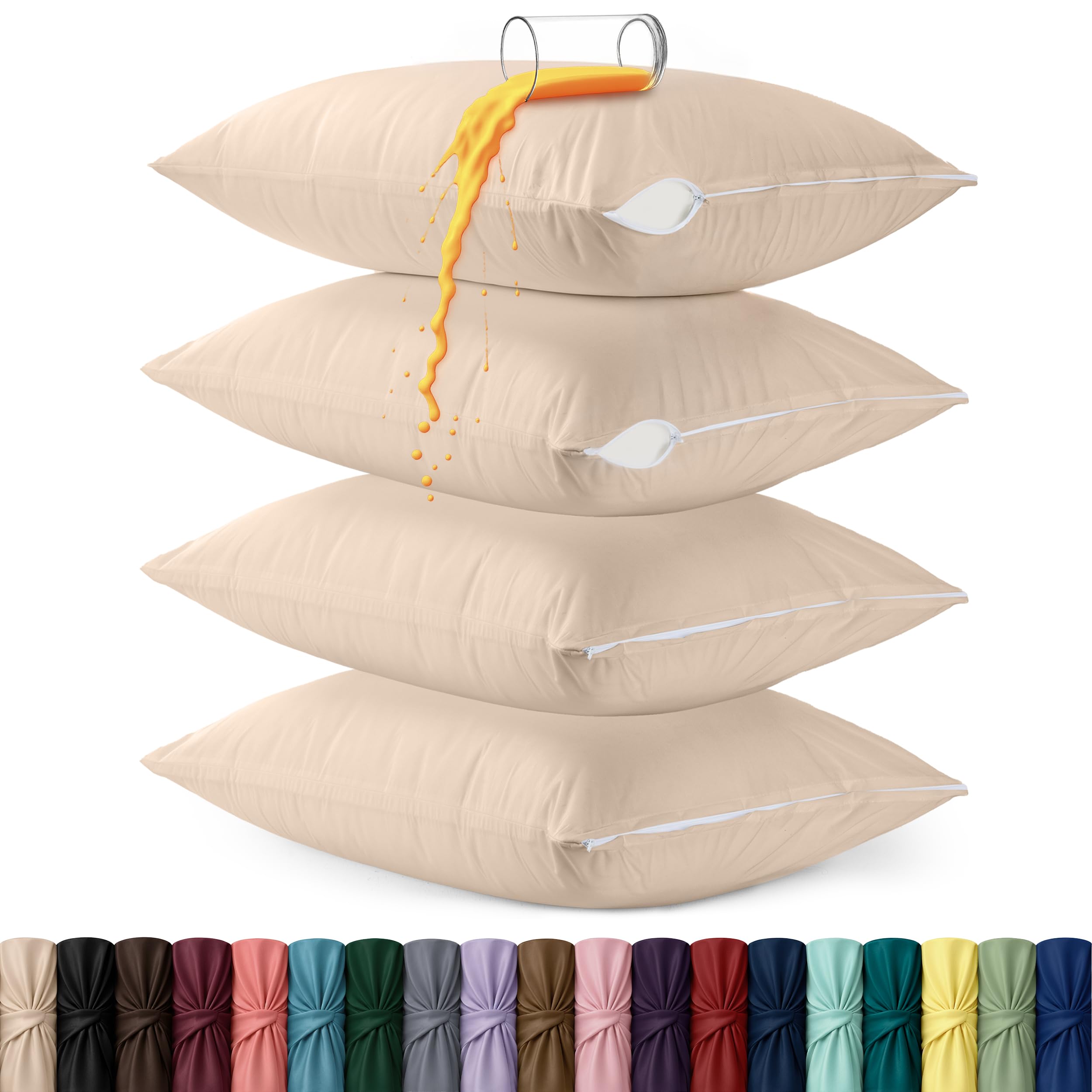 Set of 4 Pillow Protectors with Zipper Queen Size, Pillow Covers