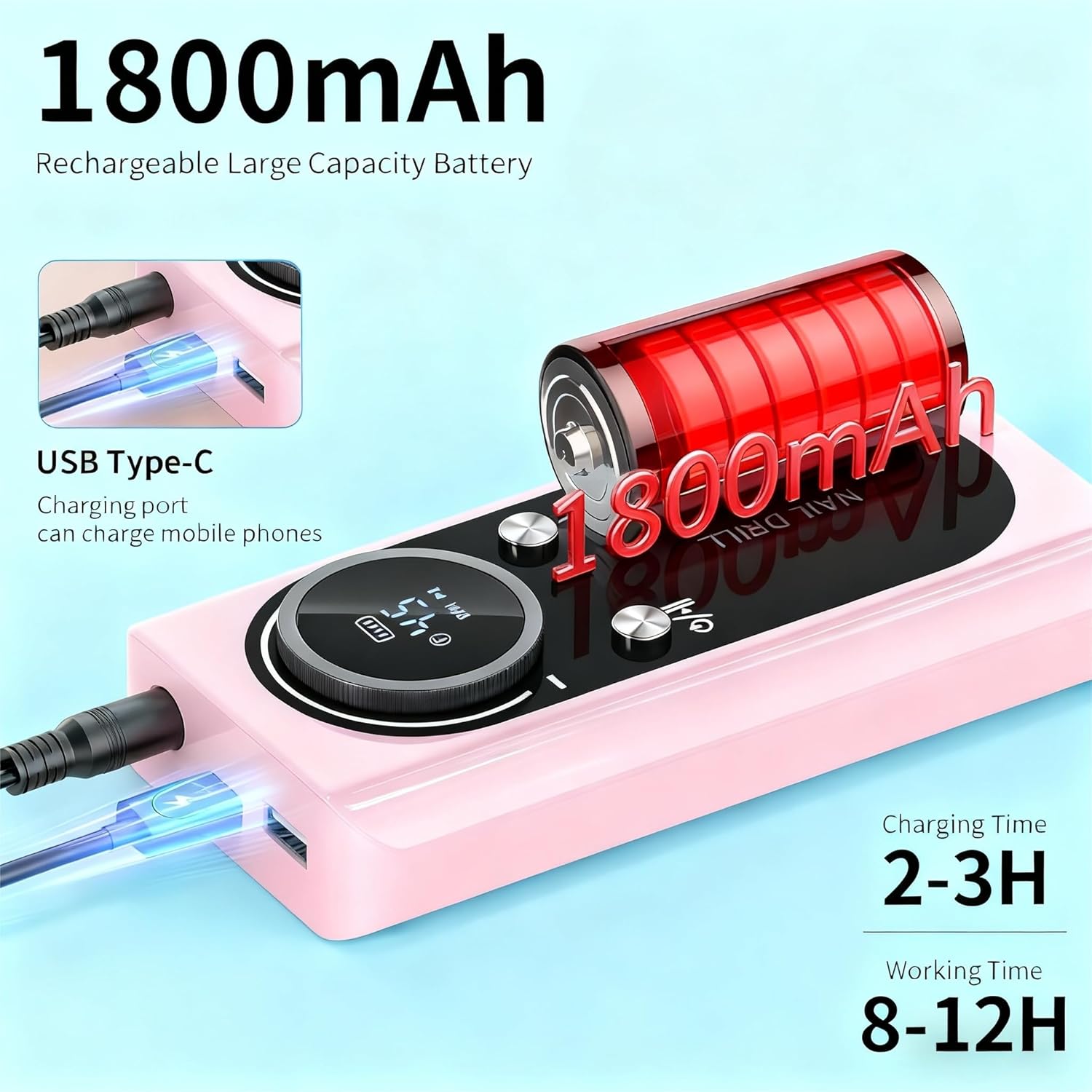 Professional Nail Drill Machine, 45,000 RPM Electric E-File for Acrylic Gel Nails, with 6 Bits and Sanding Bands (White)