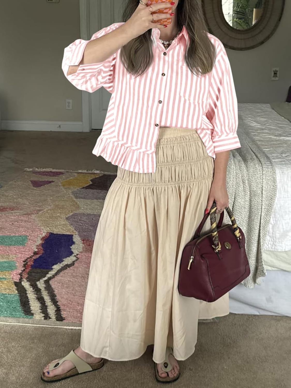 Cicy Bell Womens Cropped Striped Button Down Shirts Ruffle 3/4 Length Sleeve Summer Tops Dressy Casual Blouses - Image 3