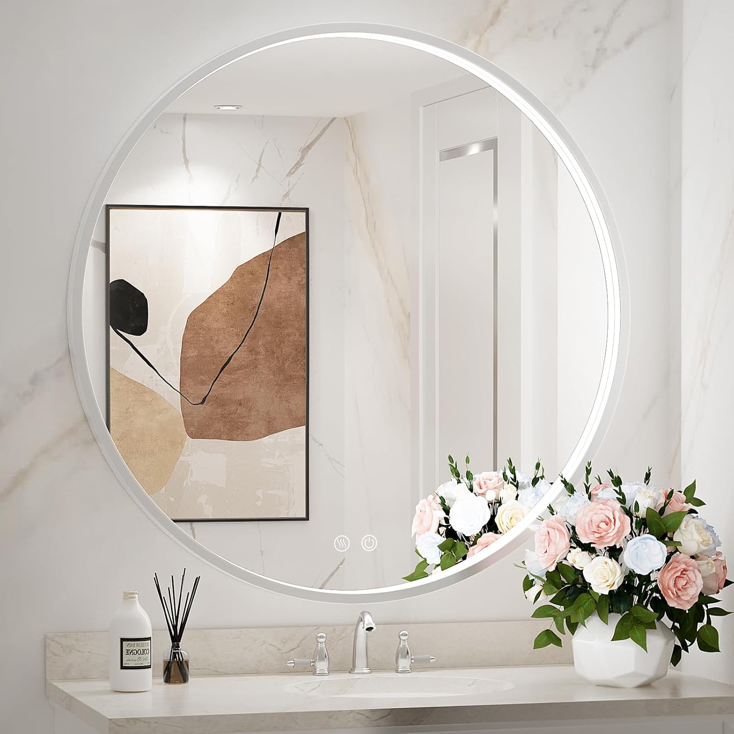 32 Inch LED Sliver Frame Round Bathroom Mirror with Light,Wall Mounted Lighted Vanity Mirror, Anti-Fog & Dimmable Touch Switch, Waterproof IP54,90+ CRI Silver 32"L x 32"W