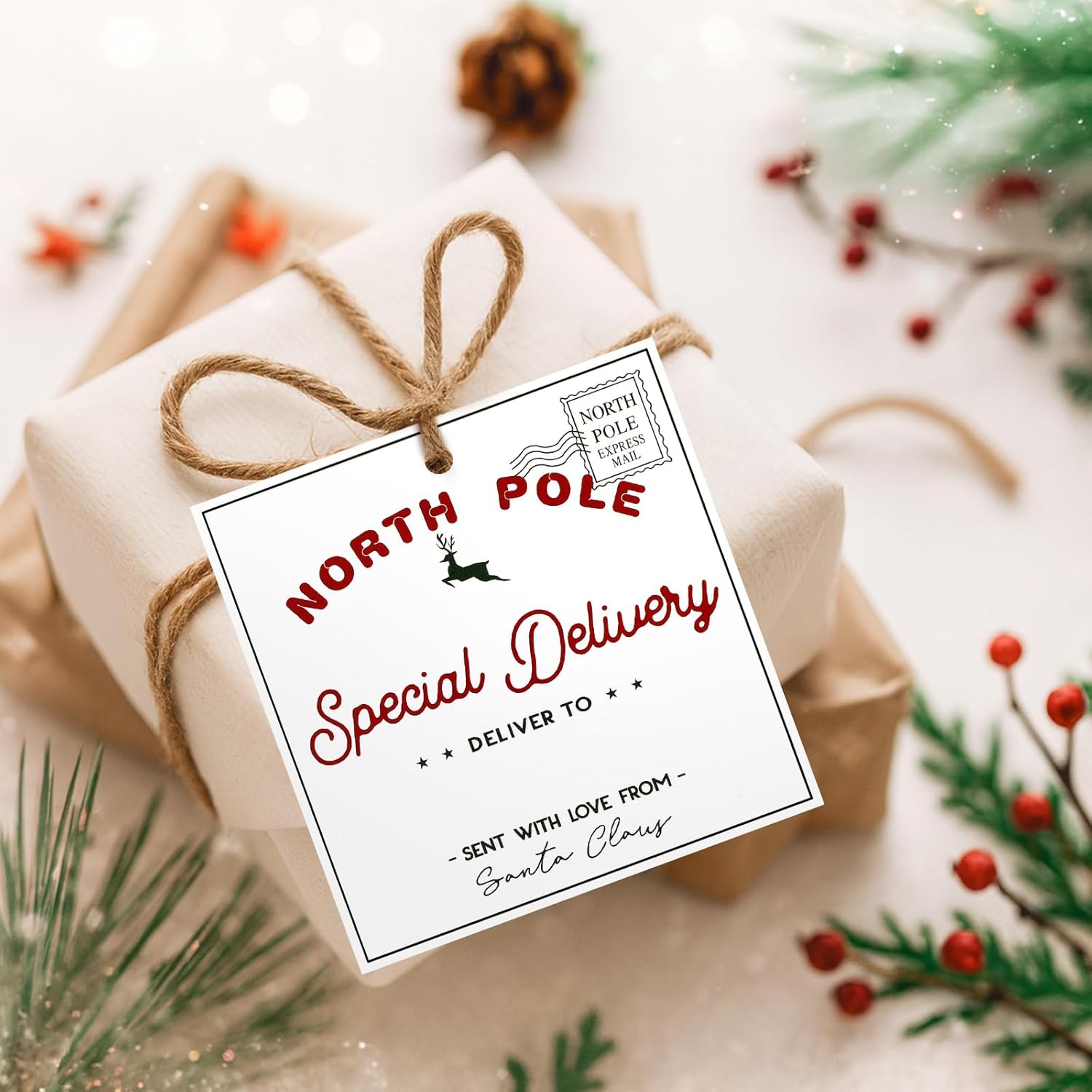 50 Pcs North Pole Christmas Gift Tags from Santa Claus 3.15 x 3.15 Inch Christmas Santa Gift Tags with String North Pole Wrapping Paper Labels for Xmas Presents Wrapping Events Holiday - Image 6