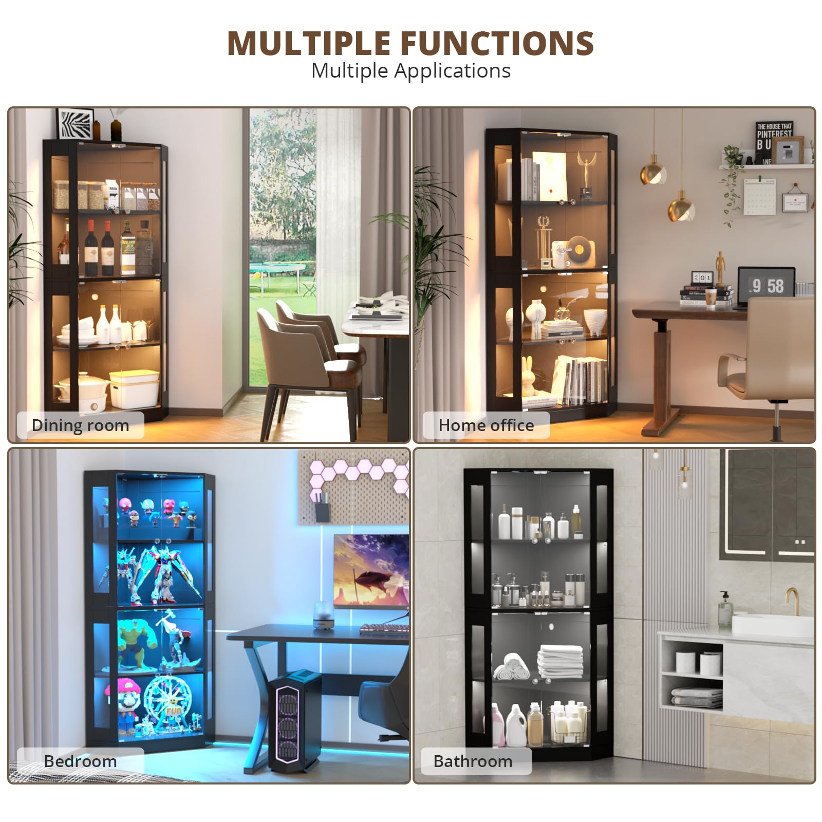 VOWNER Eck-Vitrine 165cm mit LED-Beleuchtung & Intelligente Sensorik, 4-stufige Schauvitrine, Glasvitrine für Wohnzimmer & Büro Sammlerstücke, Spirituosen (Schwarz, 4 Regalböden)