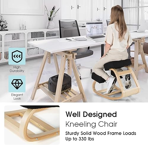 Miniatura 3 de Giantex Silla arrodillada, silla de postura de madera, carga máxima de 330 libras, mecedora con cojín suave, alivio natural para dolor de espalda,