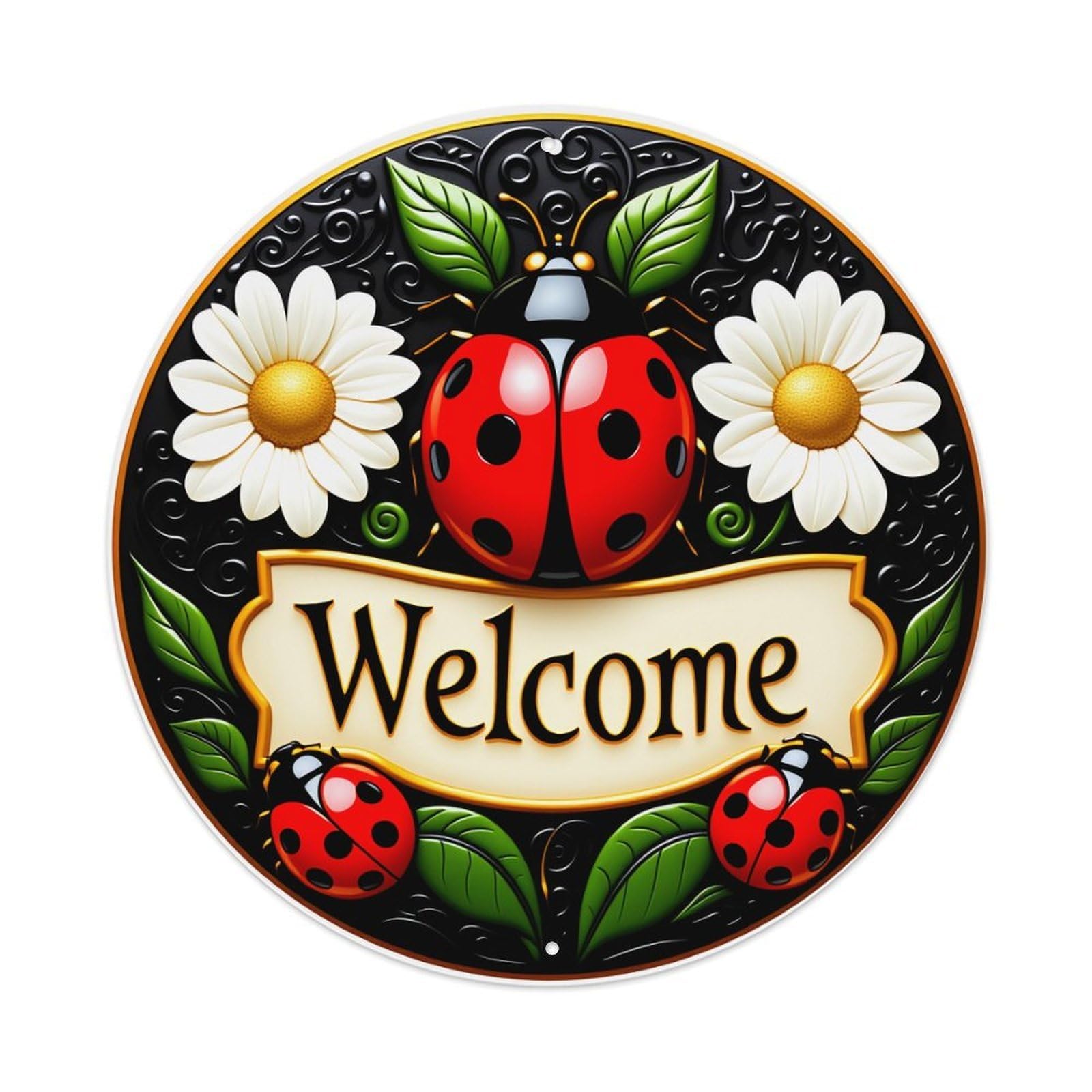 Ladybug Daisy Welcome Sign Pattern Print Round Vintage Tin Sign,Retro Wall Art,Metal Poster for Home, Bar, Garage, Cafe, Rustic Indoor & Outdoor Decor, 8x8 Inches