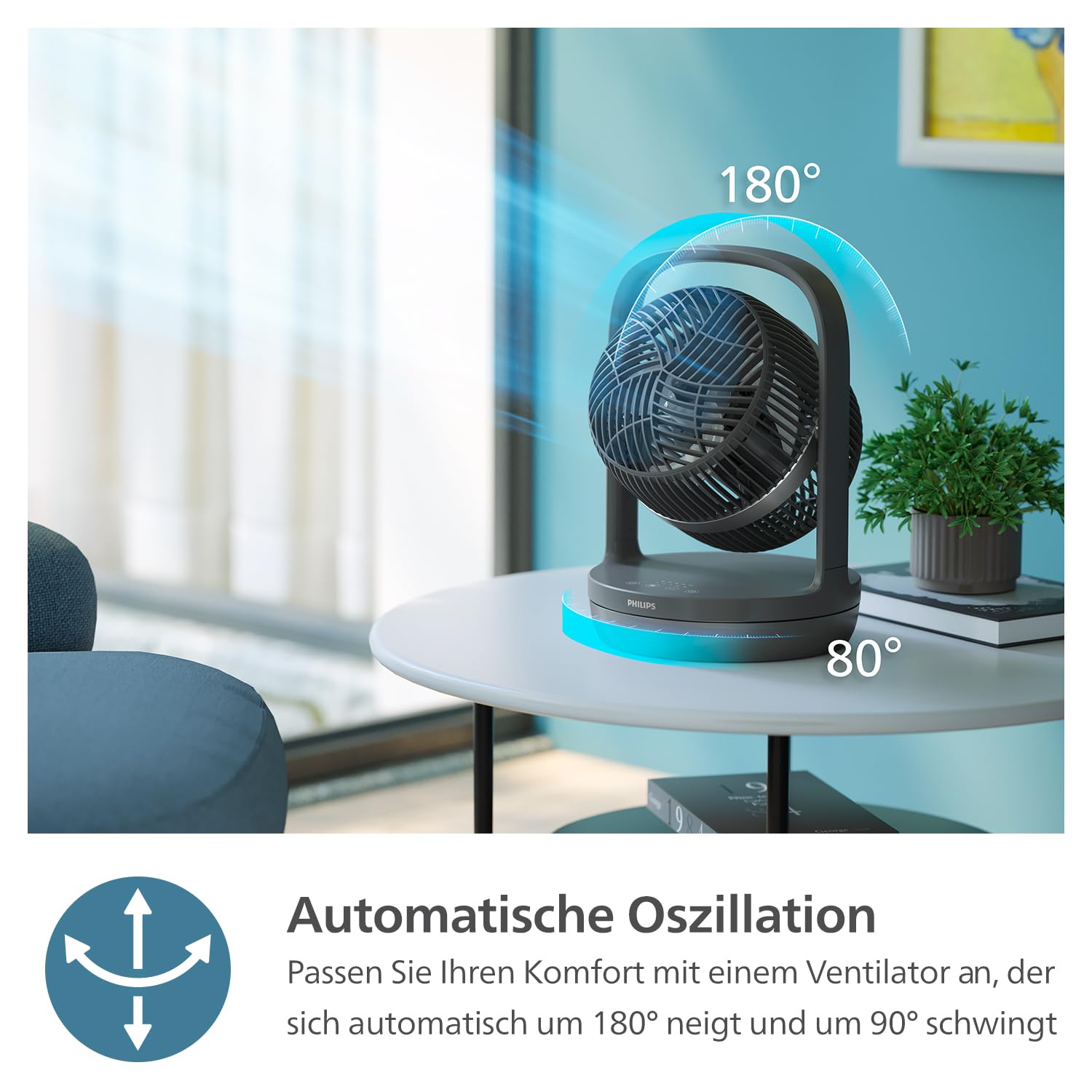 PHILIPS oszillierender Tischventilator Serie 3000, SilentWings-Technologie 23 dB, Neigung 180°, Timer, schwarz CX3050/01