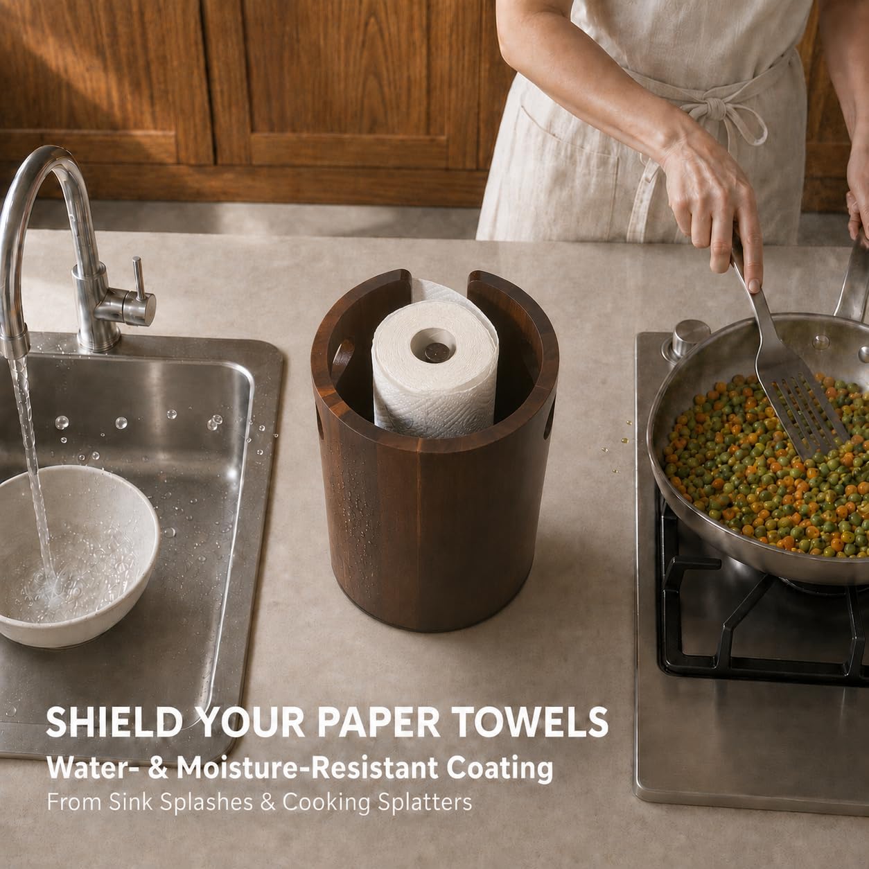 Wooden Paper Towel Holder for Countertop with Splash Guard image 3