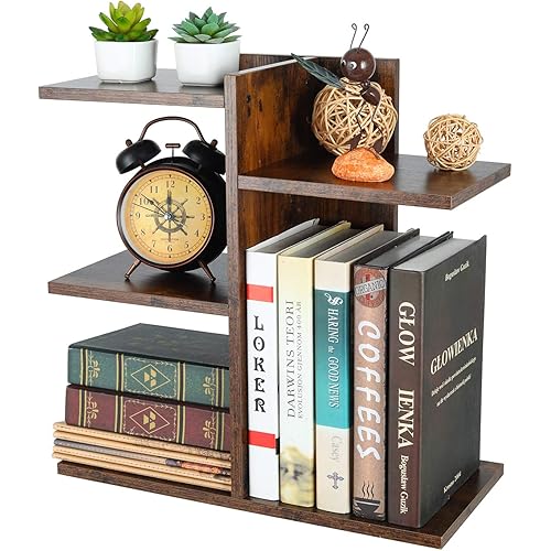 PAG Wood Desktop Shelf Small Bookshelf Desk Supplies Organizers and Accessories Storage Display Rack Office Decor for Women, Antique Brown