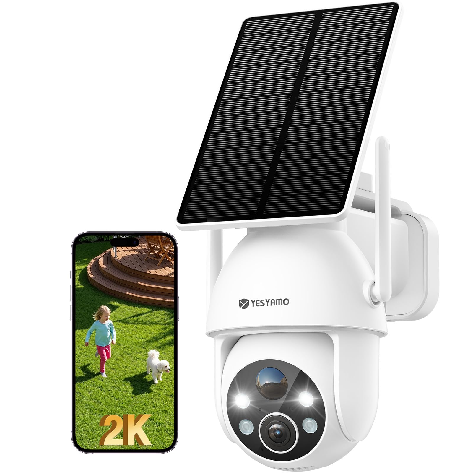 YESYAMO 3MP Camara Vigilancia WiFi Exterior Solar, 2.4GHz Camaras de Vigilancia sin Cables, 360° PTZ, Visión Nocturna Color, IP66, IA Inteligente y PIR Detección, Audio Bidireccional - Blanco