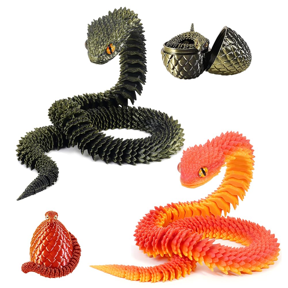30cm 3D Printed Snake, 2PCS 3D Printed Snake In Egg, 3D Printed Animals, Dragon Egg, Realistic Reptile Toy With Egg - Collector's Desktop Decoration For Gamers & Adults (Black Brozen&Orange Red)