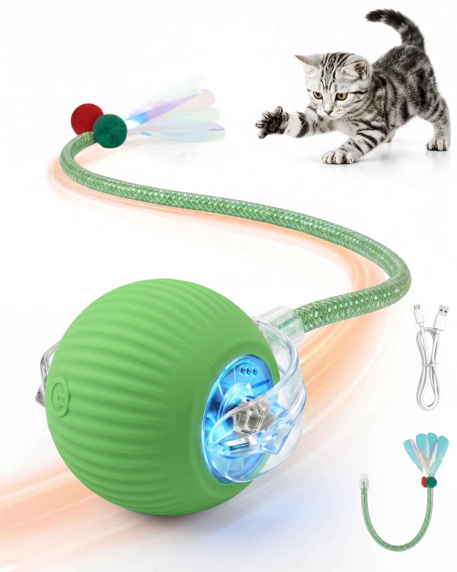 RZPTL Interactive Cat Toy Ball for Indoor Cats - Fast Rolling on Carpet, Chirping & Motion Activated (Green)