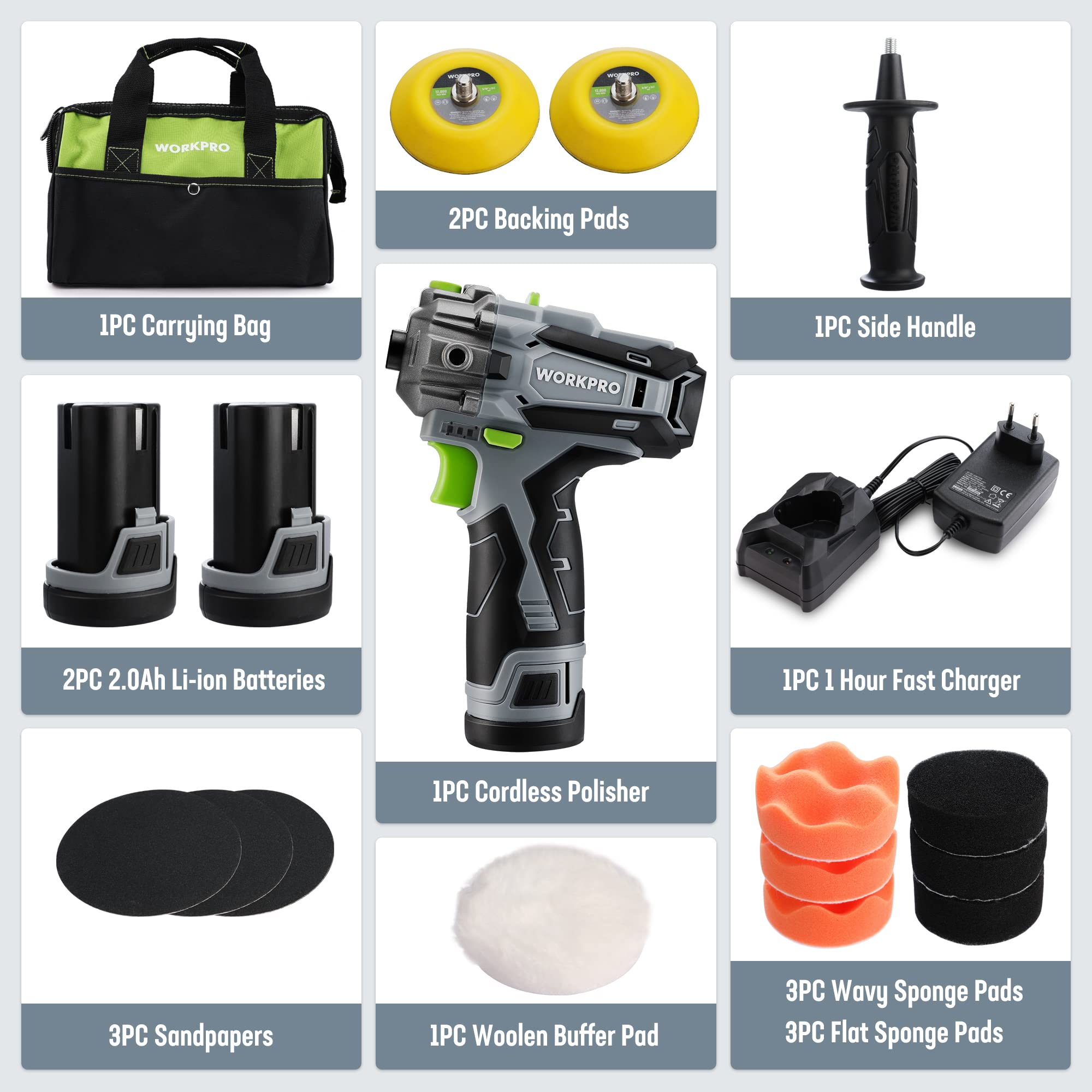 WORKPRO 12V Pulidora Coche, Mini Pulidora Inalámbrica, Máquina de Pulir, Lijadora para Automóvil, Pulidora con 19 Accesorios, 2 Baterias, Discos de Espuma, Pulir y Encerar Automóviles