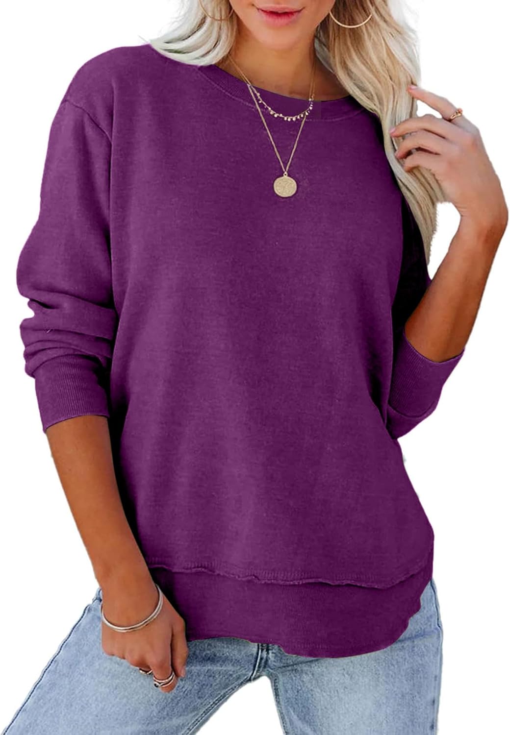 KIRUNDO 2023 秋 レディース 無地 スポーティ スウェットシャツ カジュアル ルーズ クルーネック 長袖 プルオーバー