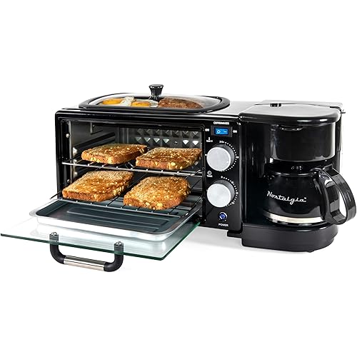 Nostalgia 3-in-1 Retro Breakfast Station - Includes 5 Cup Coffee Maker, Non-Stick Ceramic Griddle, and 4-Slice Toaster Oven - Built-In Timer, Reusable Coffee Filter, Space-Saving Design - Black