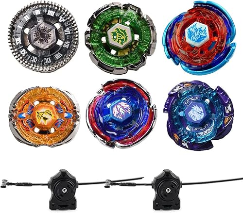 Gyros - Juego de 6 tapas de batalla Bey Burst de metal con calcomanías dos lanzadores idea de regalo para niños niños y niños