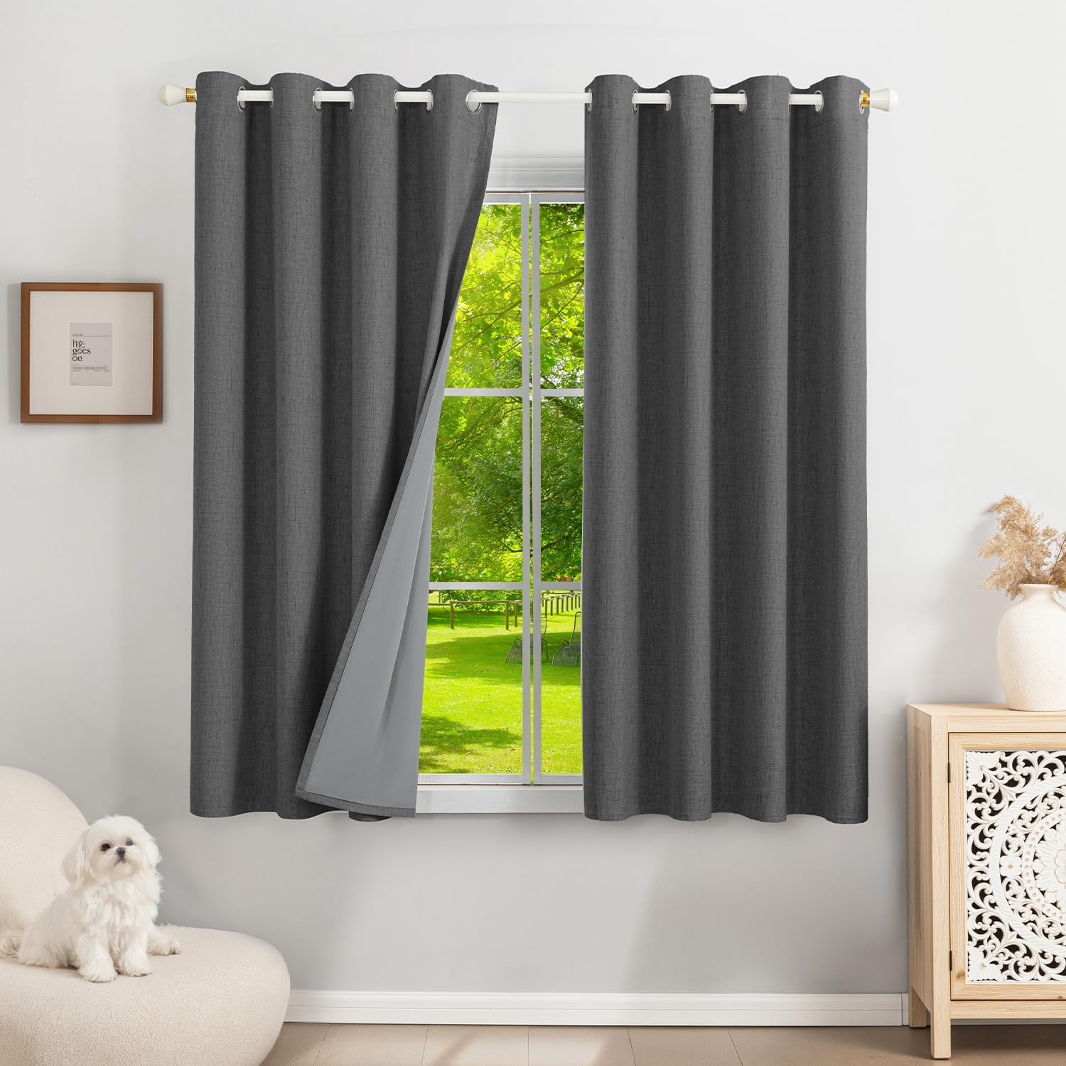 Runyéla 100% Blackout Linen Curtains Eyelet 52 x 54 Inch Drop for Bedroom Kitchen Living Room Grey Thermal Curtain 2 Panels Gray