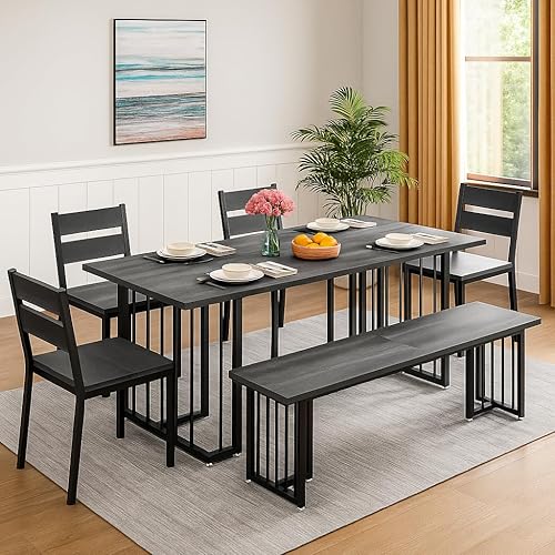 DWVO 63 Inch Dining Table Set for 6-8 People 6-Piece Large Kitchen Table Set with 2 Benches and 4 Chairs Farmhouse Rectangular Dining Room Table for Kitchen Dining Room Apartment Dark Grey