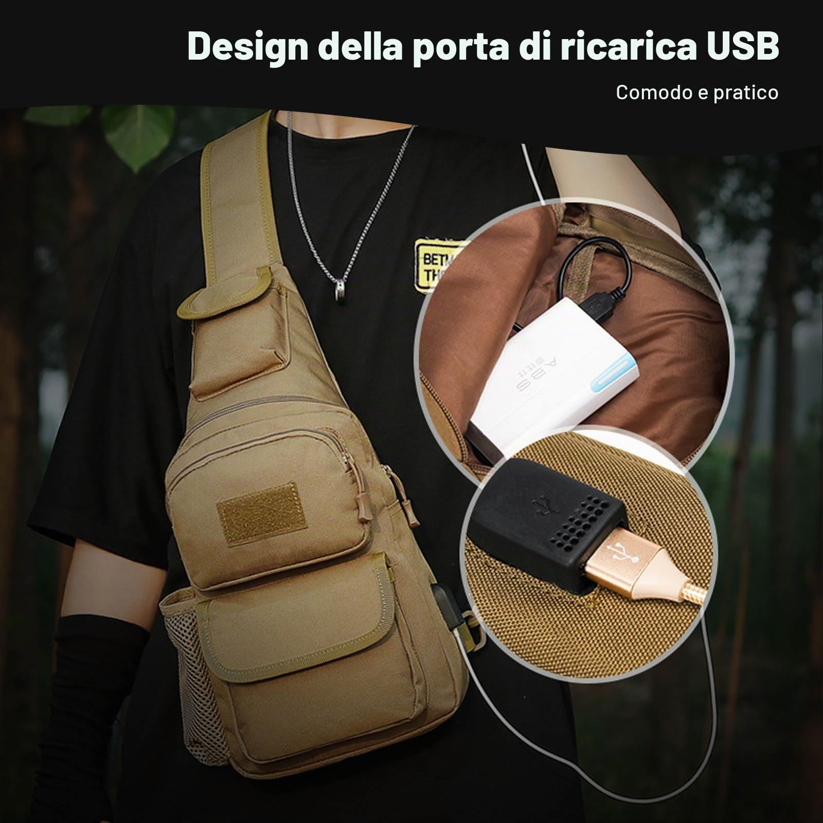 FANDARE Militare Zaino Monospalla da Uomo Tattico Borsello Uomo Donna Borsa a Spalla con USB Zaino da escursionismo per lavoro Ciclismo Viaggio Sports Borse piccole a tracolla Nero
