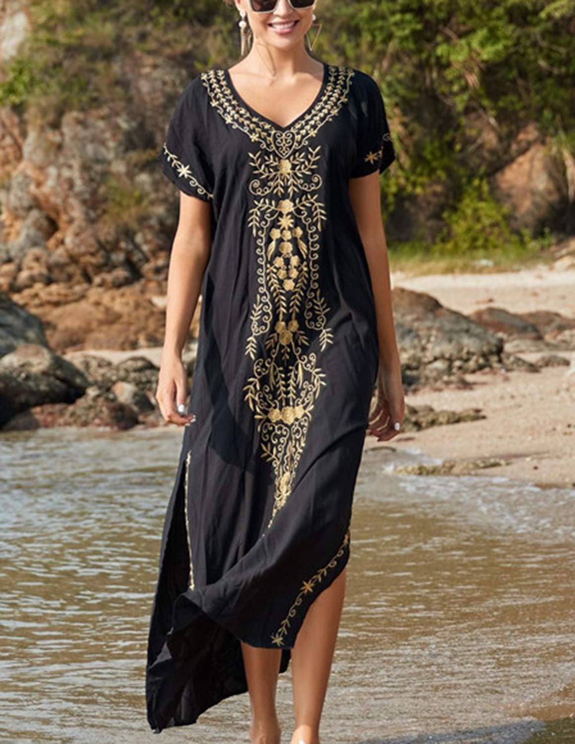 Donna Corta Manica Cover Up Caftano Floreale Ricamato Laterale Diviso Vestito da Spiaggia Abiti