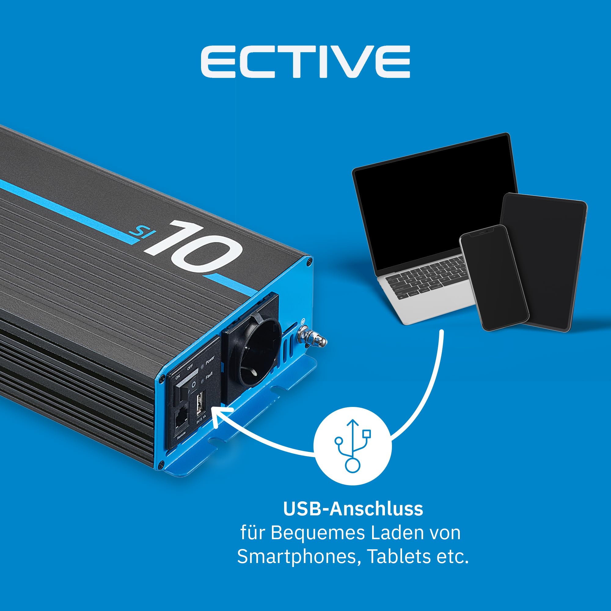 ECTIVE Reiner Sinus Wechselrichter SI10-1000W, 12V auf 230V, USB, Überlastschutz, Überhitzungsschutz, Aluminiumgehäuse - DC/AC Spannungswandler, Umwandler, Stromwandler für Haushaltsgeräten