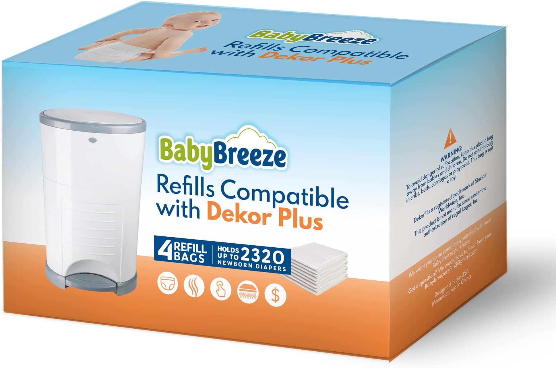 BabyBreezeDiaper Pail Refills Compatible with Dekor PLUS Diaper Pail 4 Refill Bags Holds 2320 Diapers – Strong, Durable Baby Powder Scented Refills Bags