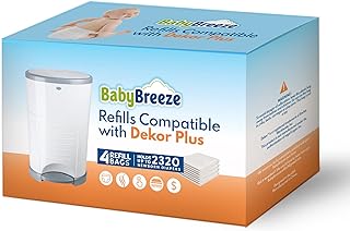 Diaper Pail Refills Compatible with Dekor PLUS Diaper Pail 4 Refill Bags Holds 2320 Diapers – Strong, Durable Baby Powder Scented Refills Bags