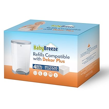 Diaper Pail Refills Compatible with Dekor PLUS Diaper Pail 4 Refill Bags Holds 2320 Diapers Strong, Durable Baby Powder Scented Refills Bags