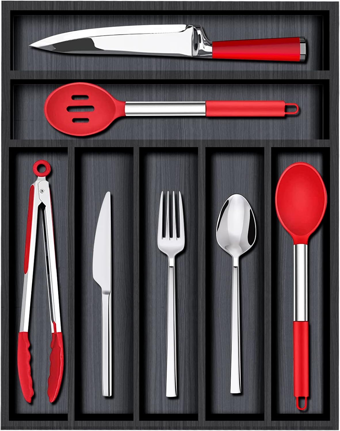 Black Small Kitchen Silverware Drawer Organizer Wooden Cutlery Utensil Tray thumbnail
