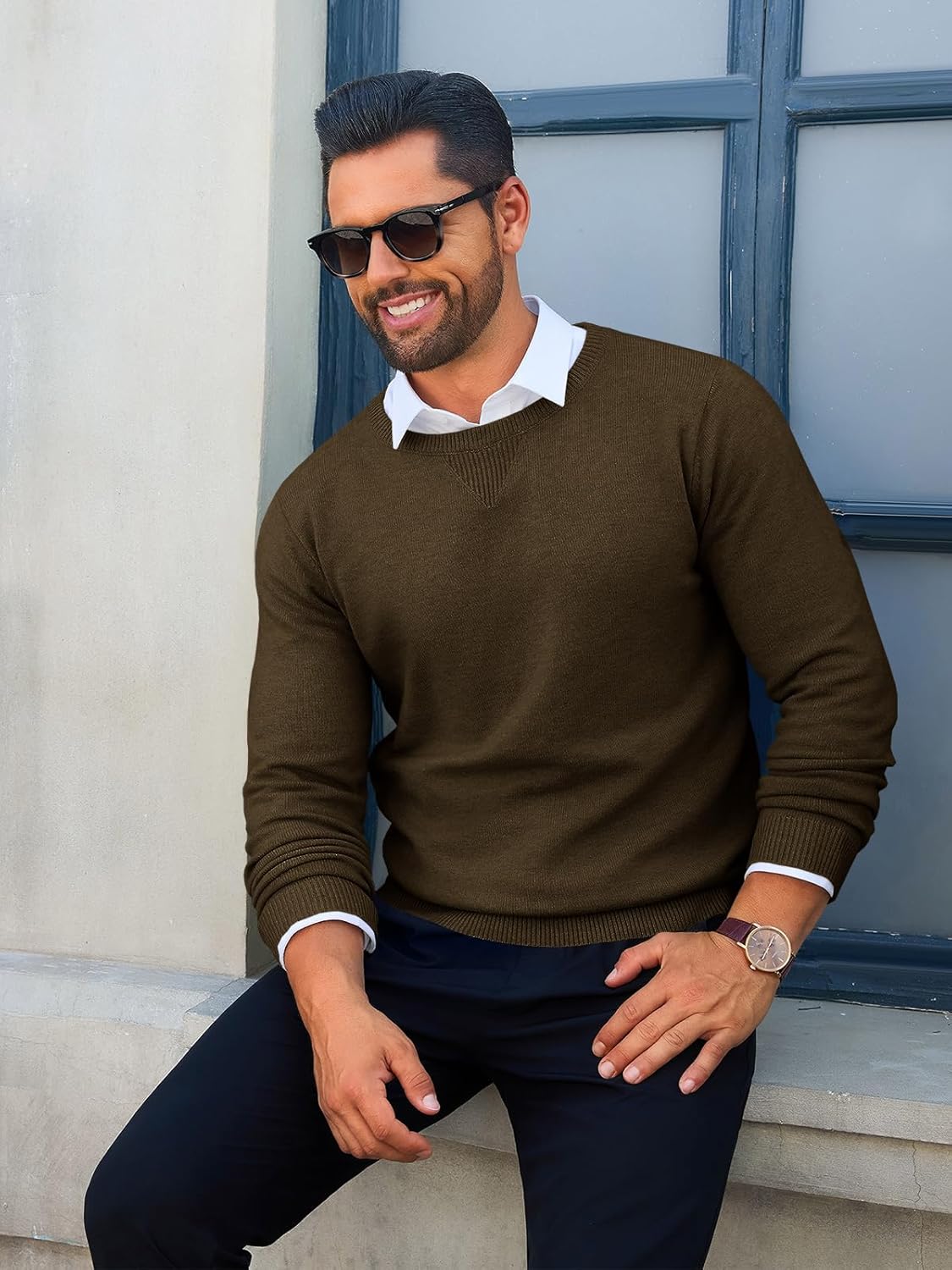 Runcati Mens Crewneck Sweaters Casual Knit Lightweight Dress Sweater Long Sleeve Slim Fit Fall Winter Pullover - Image 3