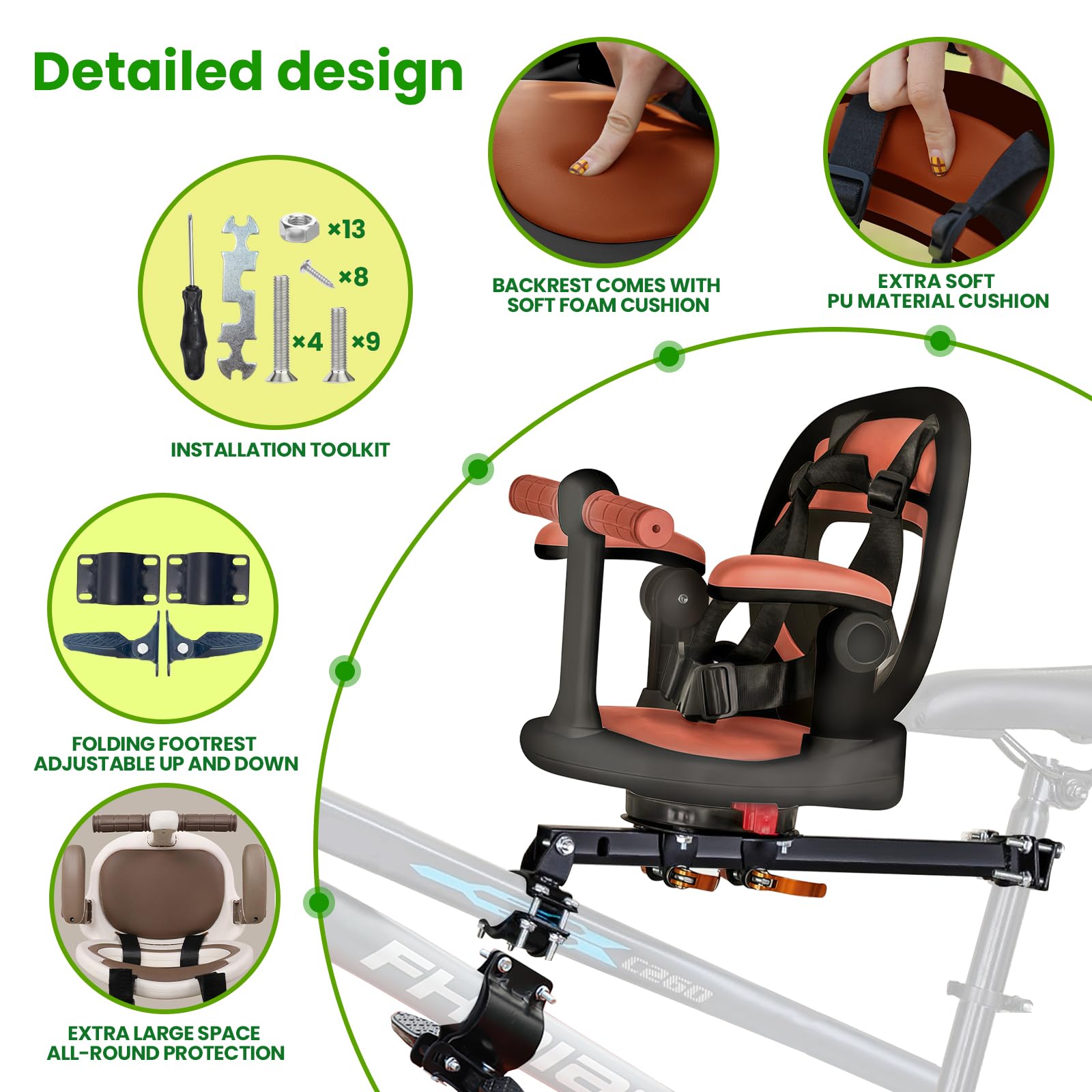 Auvstar Kindersitz Fahrrad Vorne - 360° Drehbar, Mit Fußstützen & Sicherheitsgurt - Für Kinder 1-3 Jahre