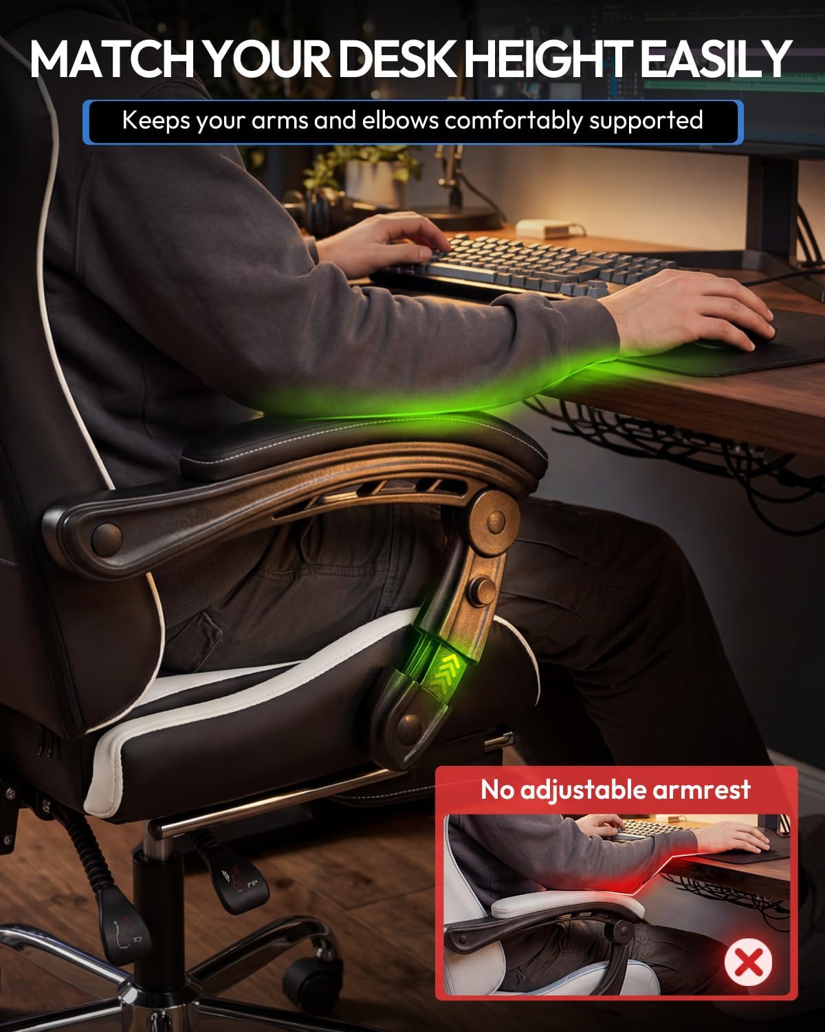 Dowinx Gaming Chair with Footrest, 330lbs Computer Chair 2D Lift Linkage Armrest, Massage Lumbar, Height Adjustable Ergonomic Comfy Video Game Chairs for Home Office Streaming, Long Gaming, White