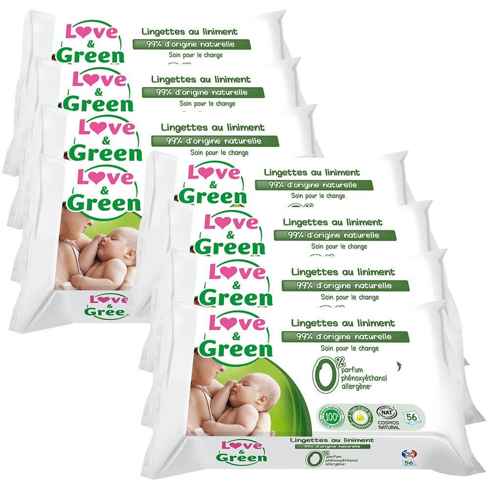 Love & Green Pack de 56 Lingettes au Liniment 99% d'Origine Naturelle Spécial Change - Lot de 8