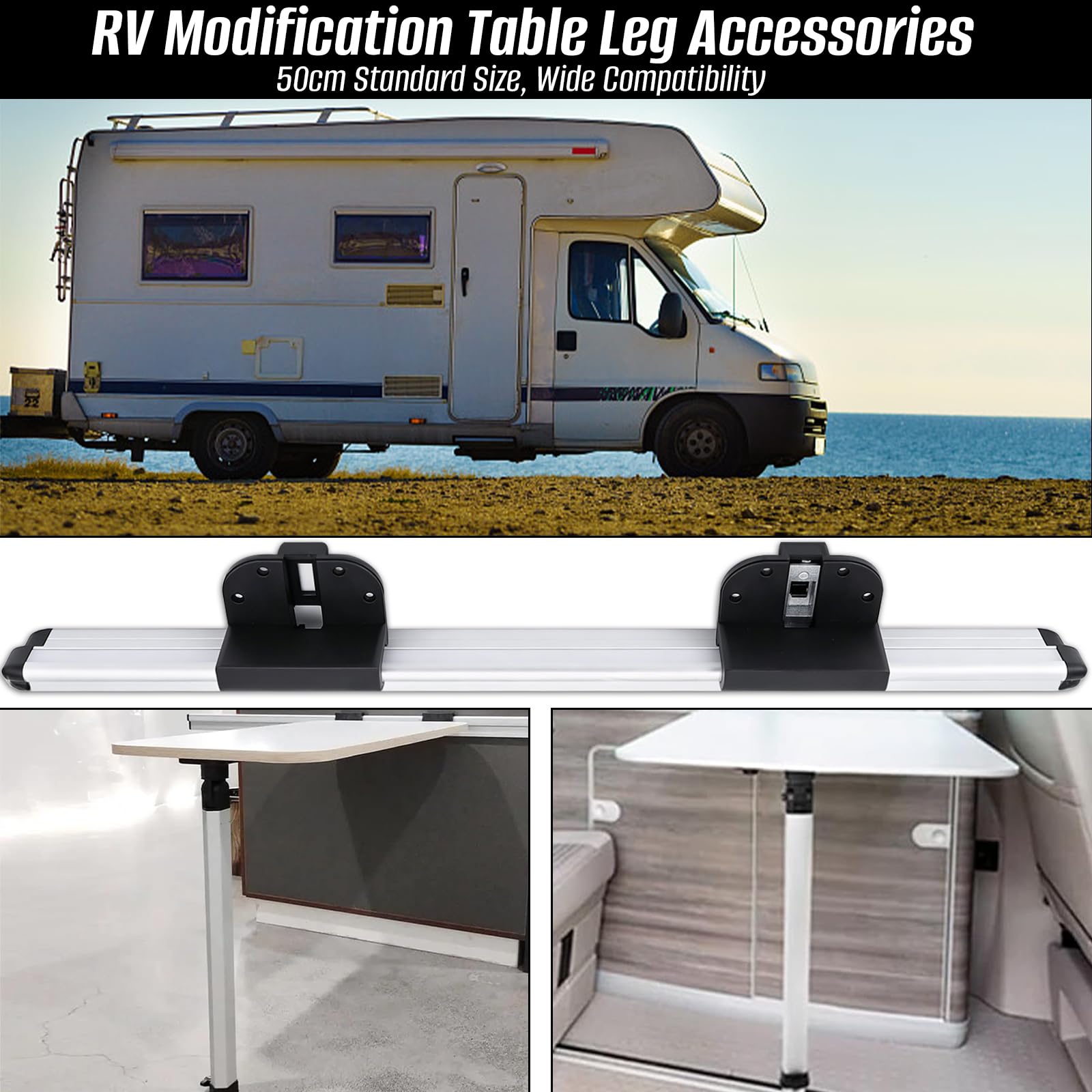 Pata de Mesa Plegable RV y Riel Deslizante, Pata Mesa Camper Plegable de Aluminio con Barra Colgante de 50cm y Clip Soporte De Base De Mesa para Autocaravana Yate Caravana