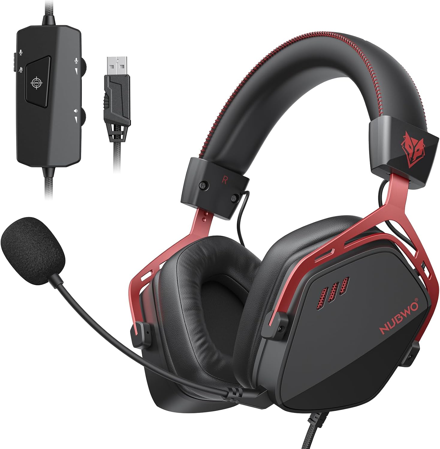 NUBWO HG03 USB-A Gaming Headset with 7.1 Surround and FPS Sound, Wired Headphones with Noise Canceling Mic, Comfortable Design for PC, Laptop - Black Red