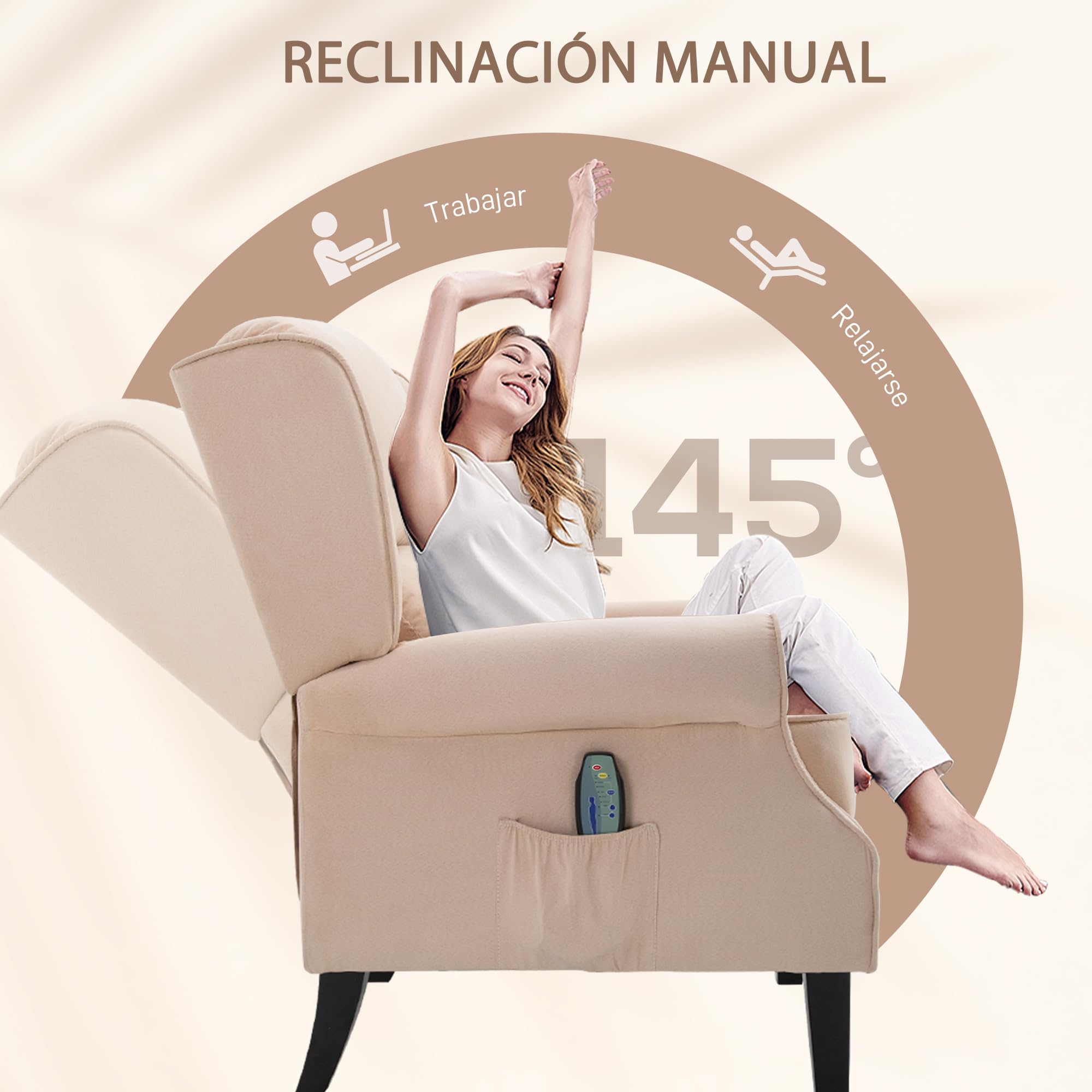 HOMCOM Sillón de Masaje Sillón Relax Reclinable con Mando a Distancia 2 Zonas de Masaje Bolsillo Lateral y Tapizado en Tejido de Ante 78x83x101 cm Crema