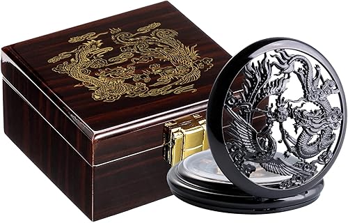 ManChDa - Reloj de bolsillo mecánico antiguo para hombres Lucky Dragon & Phoenix Retro Skeleton Dial con cadena