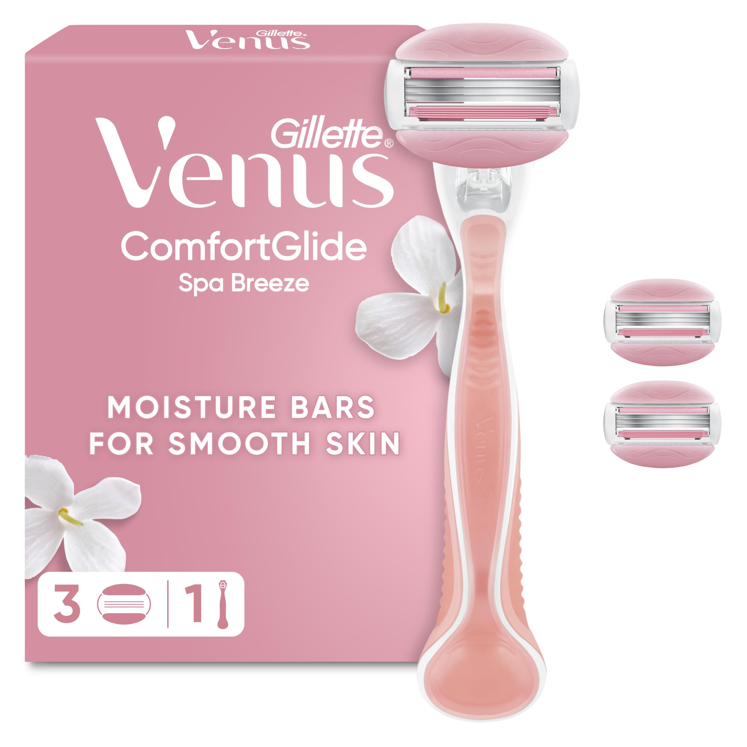 Gillette Venus ComfortGlide Women’s Razor, Spa Breeze - 3 Refill Razor Cartridges, Reusable Metal Handle and Shower Holder