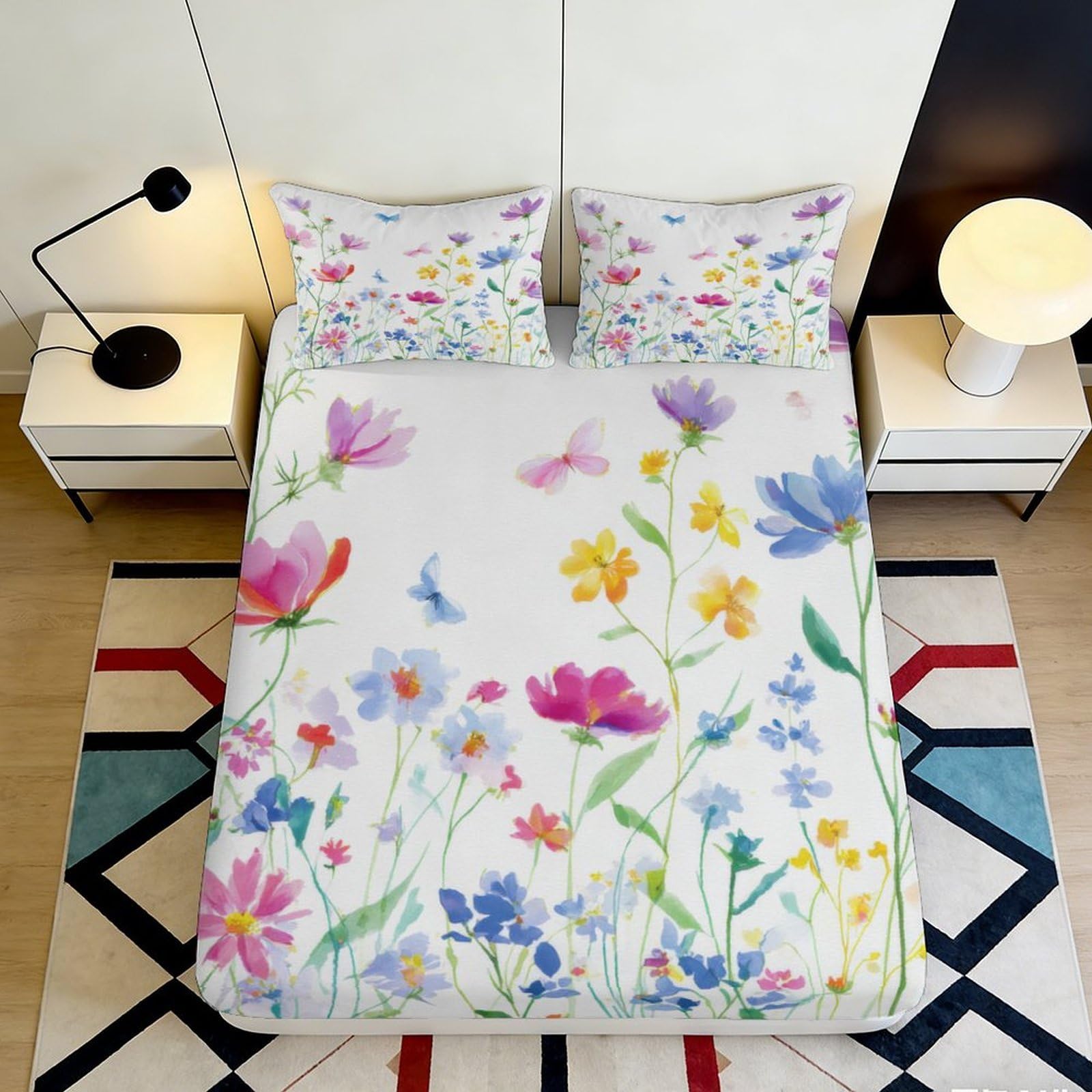 3D Printed Watercolor Floral Fitted Sheet Microfiber Soft Touch Butterfly Bed Cover for Bedroom Guest Room Decor 90x200x25cm