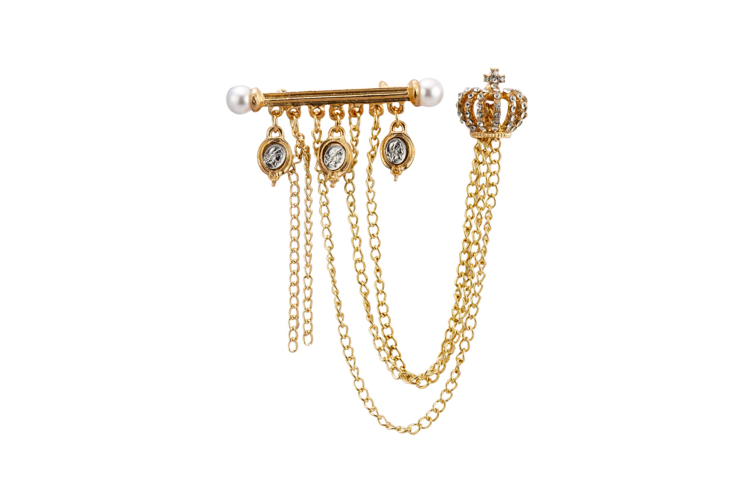 Golden Metal Crown with Hanging Chains and Pearl Ending Bar Detailing Brooch for Men and Women-image-14
