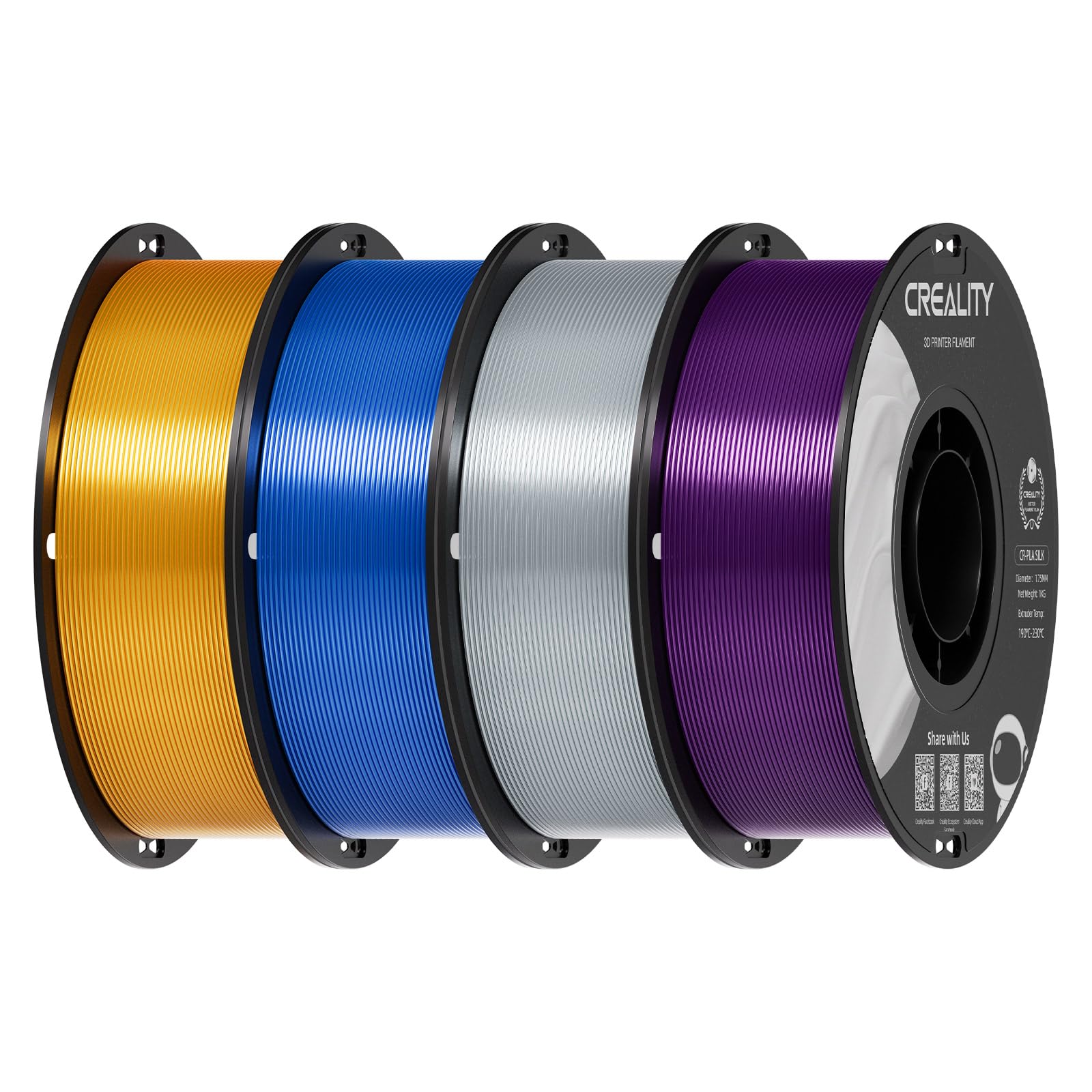 Creality Silk PLA 3D Printer Filament 1.75mm, 4kg, Gold&amp;Silver&amp;Blue&amp;Purple