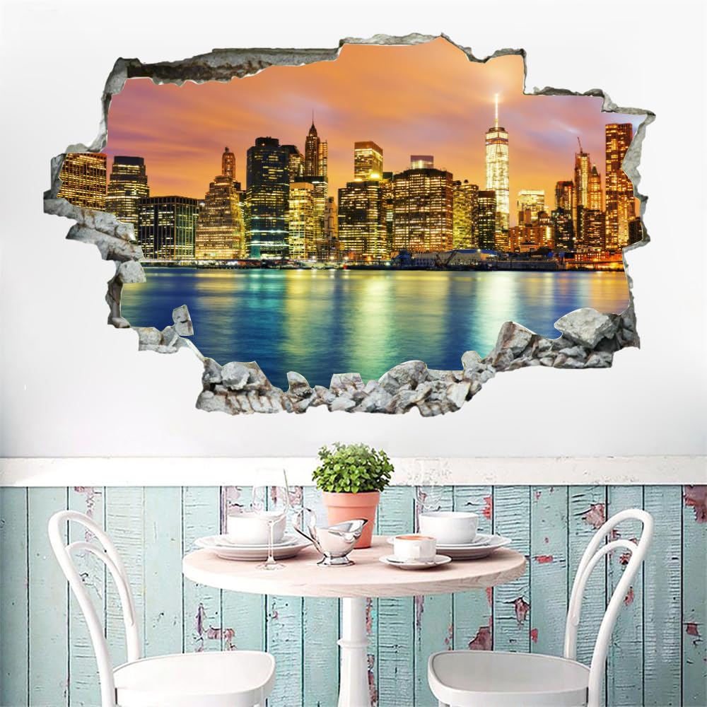 Adesivo Murale 3D Edificio Cittadino Adesivi Murali Smashed Art Impermeabile Lago Tatuaggio Da Parete In Vinile Per Bambini Sala Giochi Baby Nursery Home Decor 120x80cm