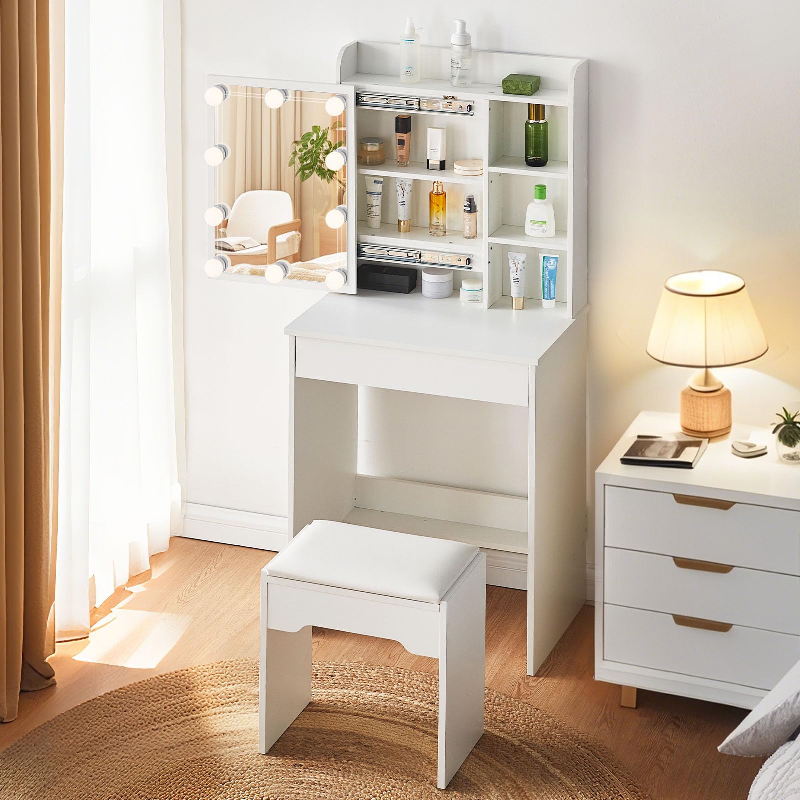 LEMROE Hollywood - Tavolo da toeletta con specchio a LED e sgabello, tavolo da trucco, scrivania da toeletta bianca con 7 ripiani e 1 grande cassetto per camera da letto