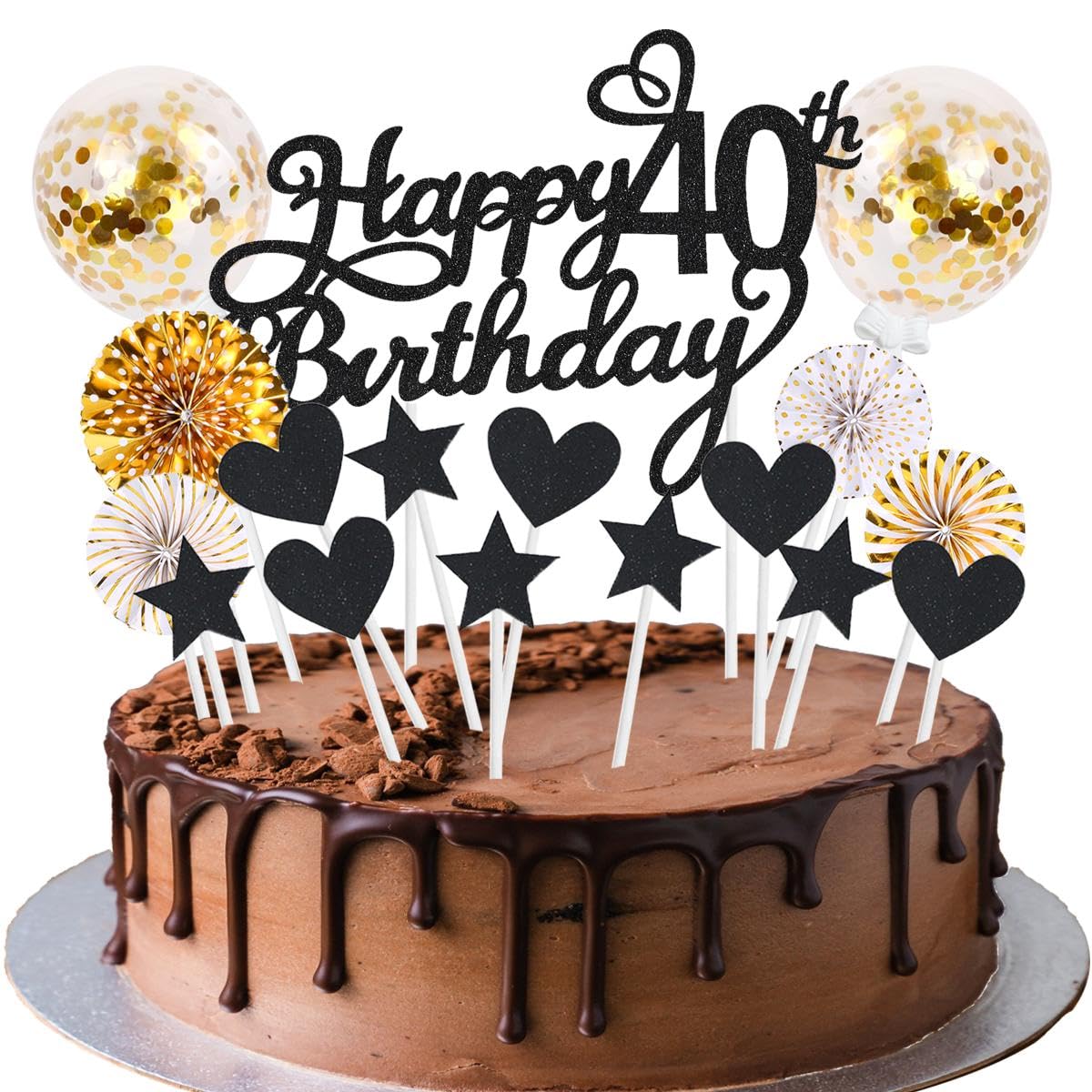 Cake Deco Zwart Goud 40e, Happy Birthday Cake Topper, Papier Fan Cupcake, 40e Cake Deco Sticks voor Verjaardag Decoratie Mannen Vrouwen