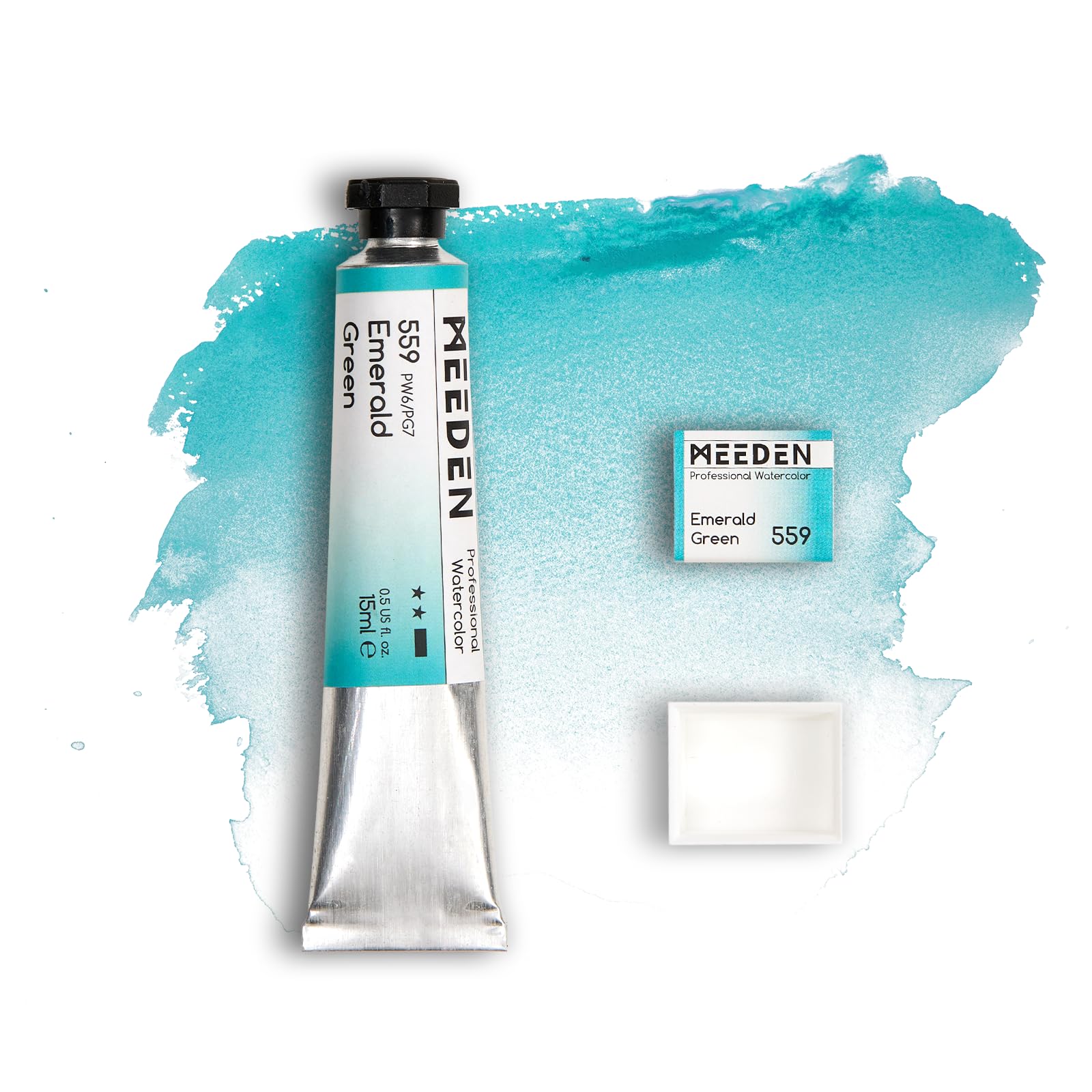 MEEDEN Künstler Aquarellfarbe Smaragdgrün: 15ml Tube, Halbfeuchte Farb-Napfhälfte und Leere Napfhälfte Set für Künstler und Profis