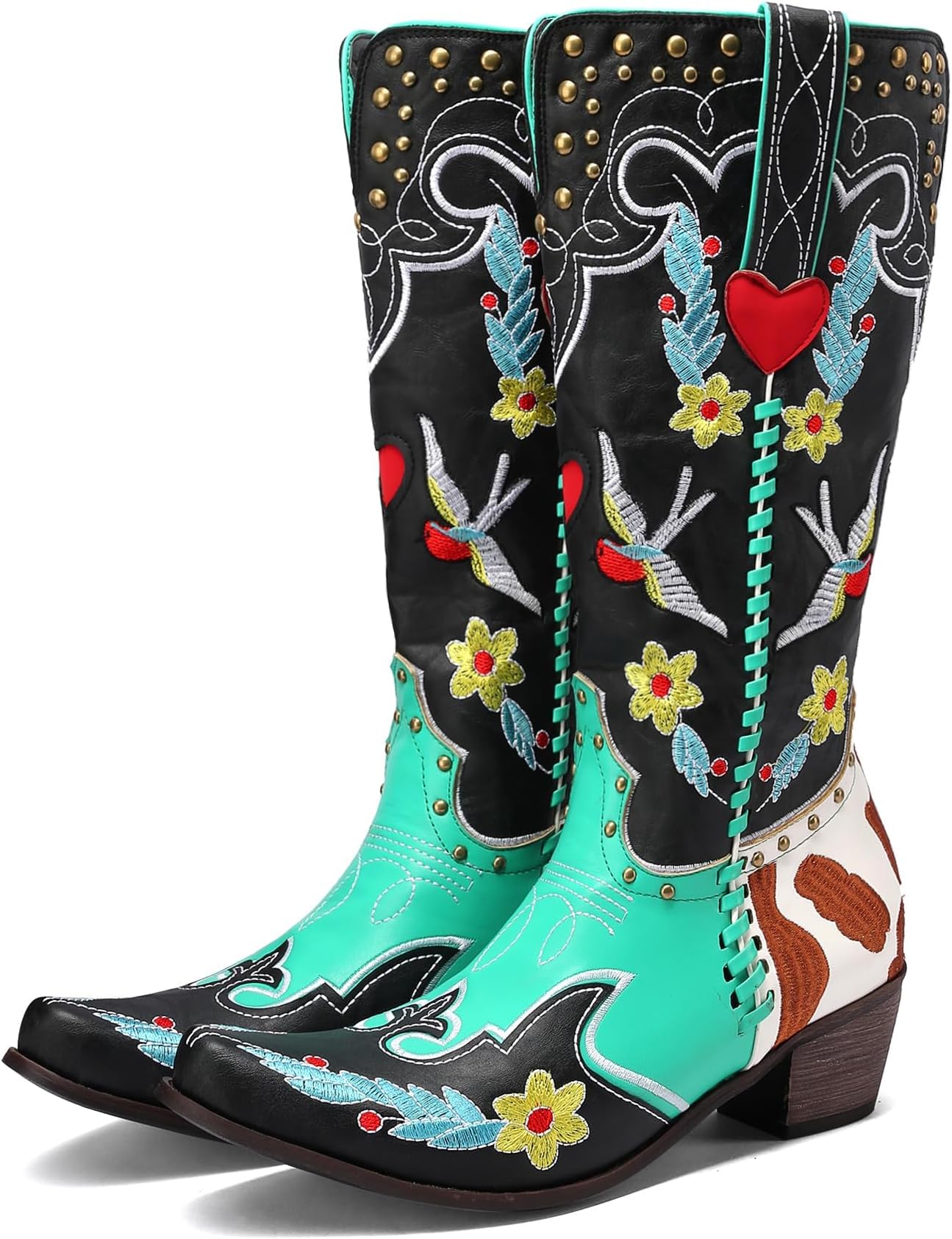 Womens Cowgirl Boots Knee High Wide Calf Pull On Floral Embroidered Swallow Chunky Low Heels Handmade Rivets Blue Black Green Patchwork